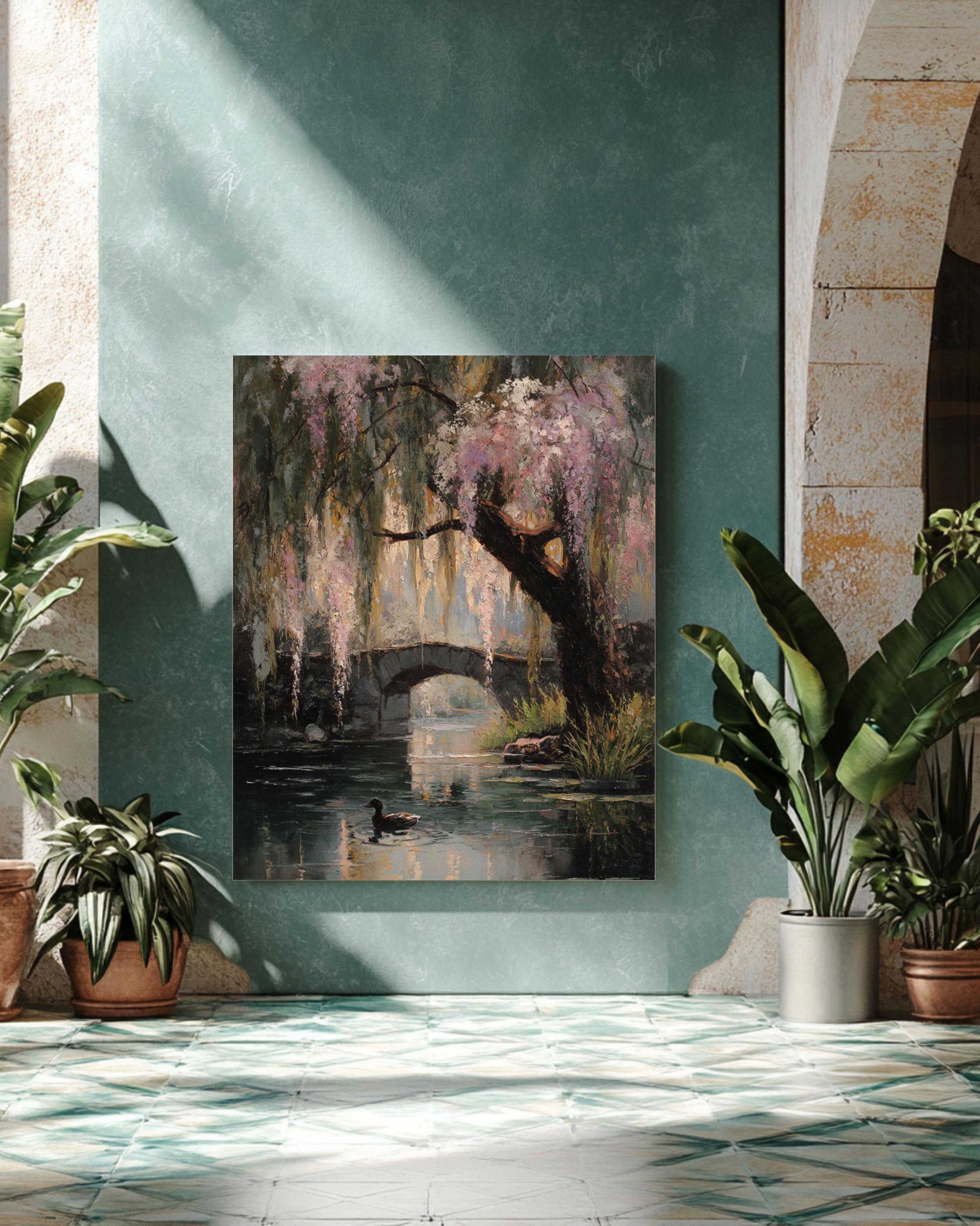 Monet Style Willow Tree Pond Art: Vintage Floral Oil Painting Canvas Wall Art – Modern Decor Print