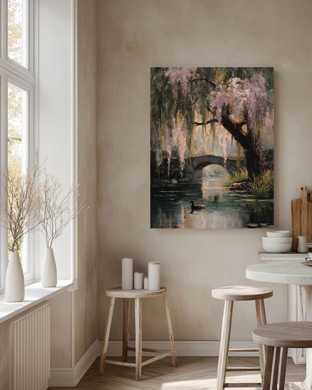 Monet Style Willow Tree Pond Art: Vintage Floral Oil Painting Canvas Wall Art – Modern Decor Print