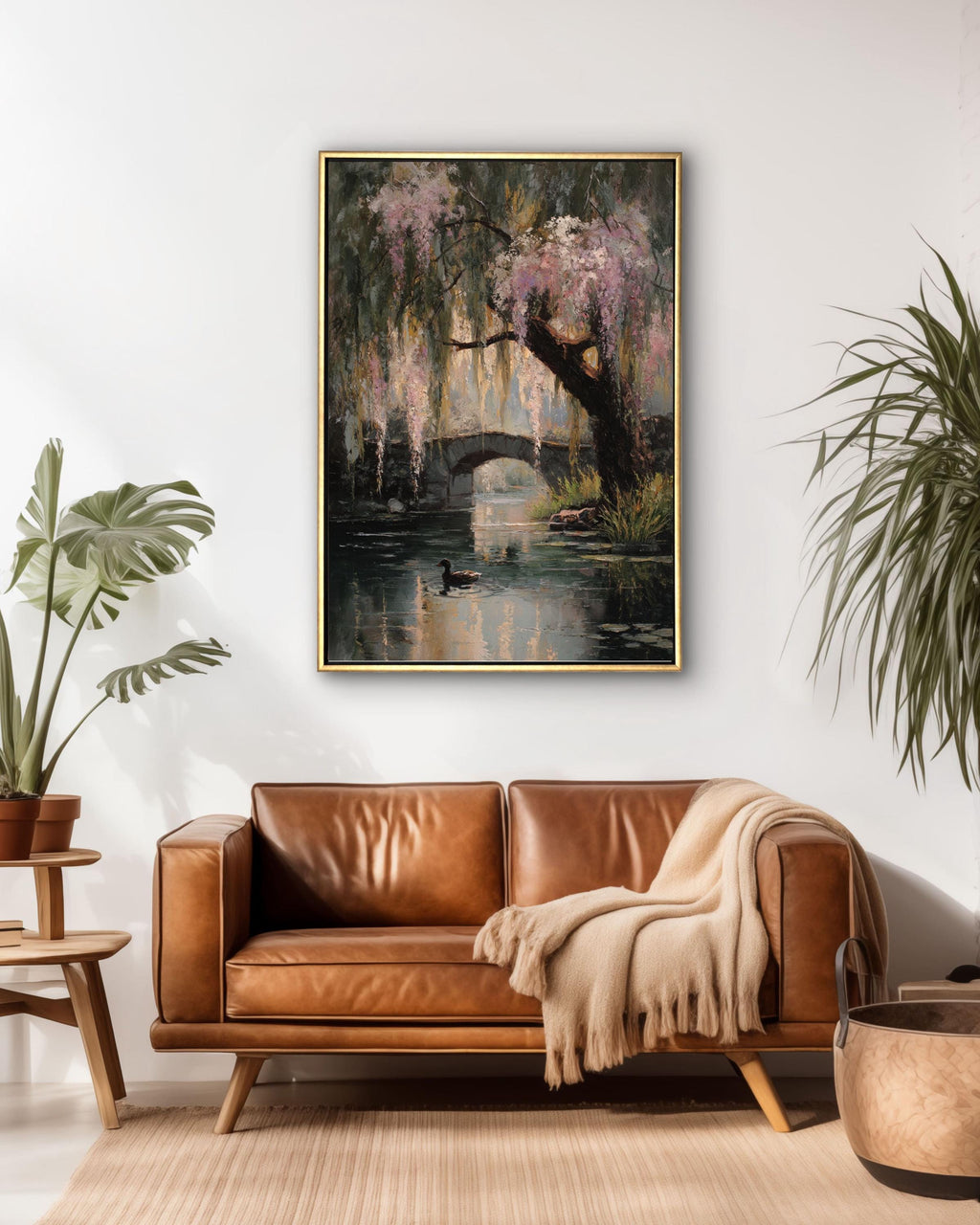 Monet Style Willow Tree Pond Art: Vintage Floral Oil Painting Canvas Wall Art – Modern Decor Print