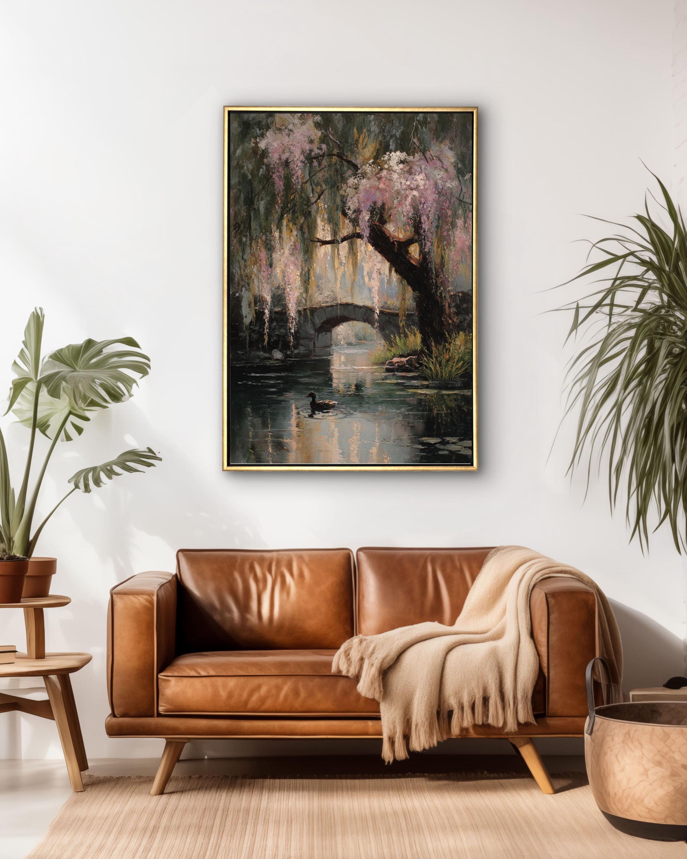 Monet Style Willow Tree Pond Art: Vintage Floral Oil Painting Canvas Wall Art – Modern Decor Print