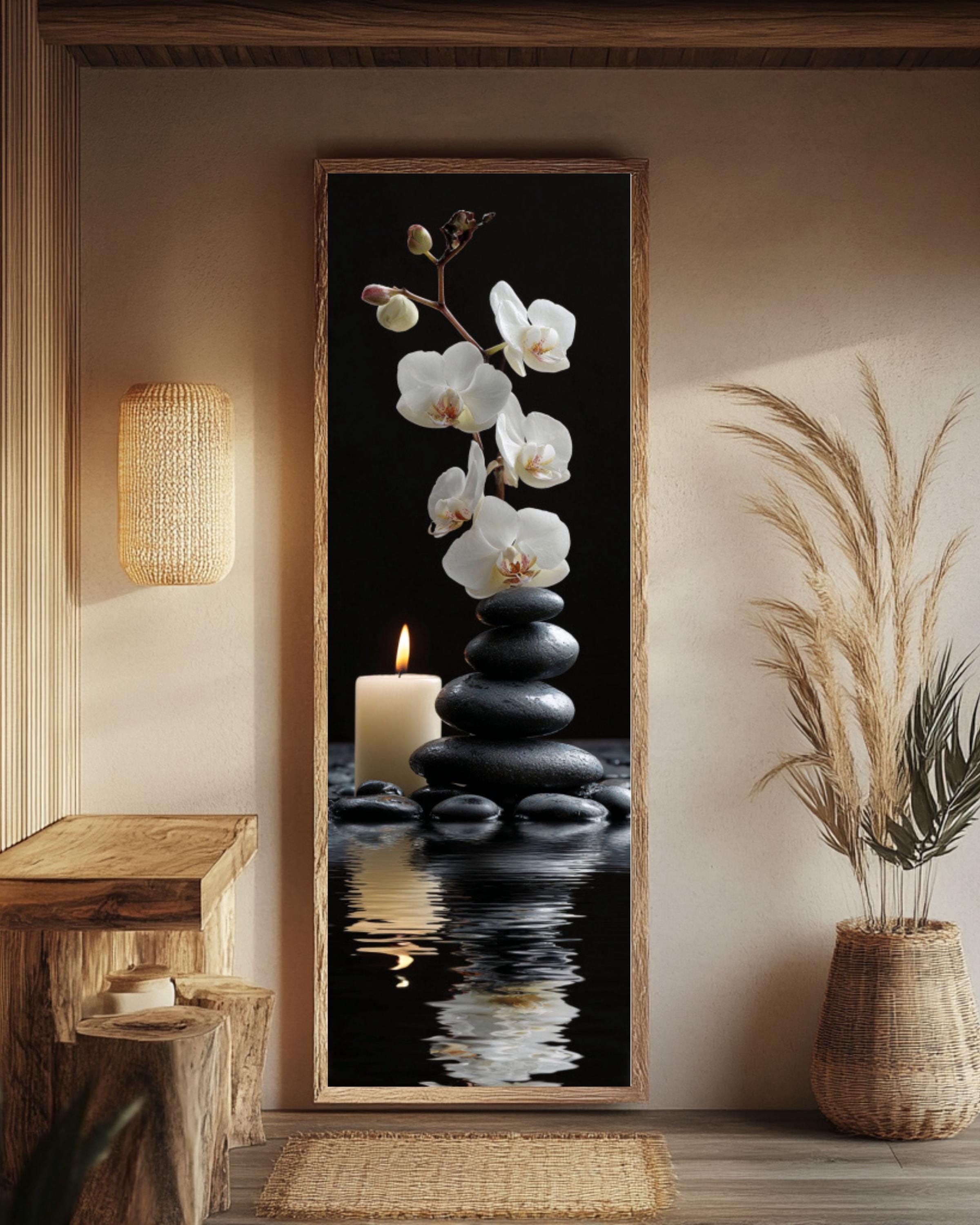 Zen Stones & Orchid Print: Tranquil Meditation Art Canvas Wall Art – Modern Decor Print