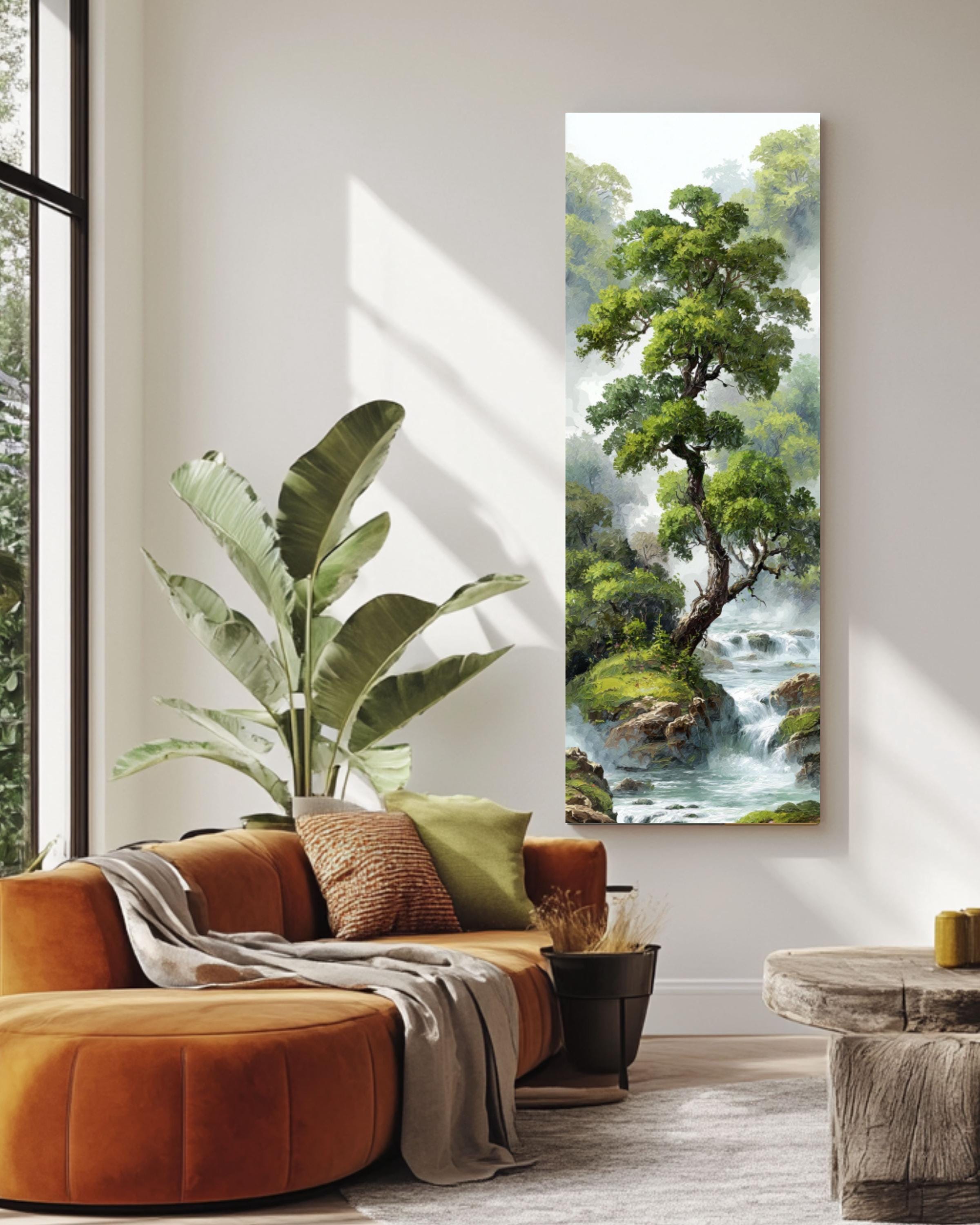 Chinese Waterfall Landscape Art: Misty Forest Zen Print Canvas Wall Art – Modern Decor Print