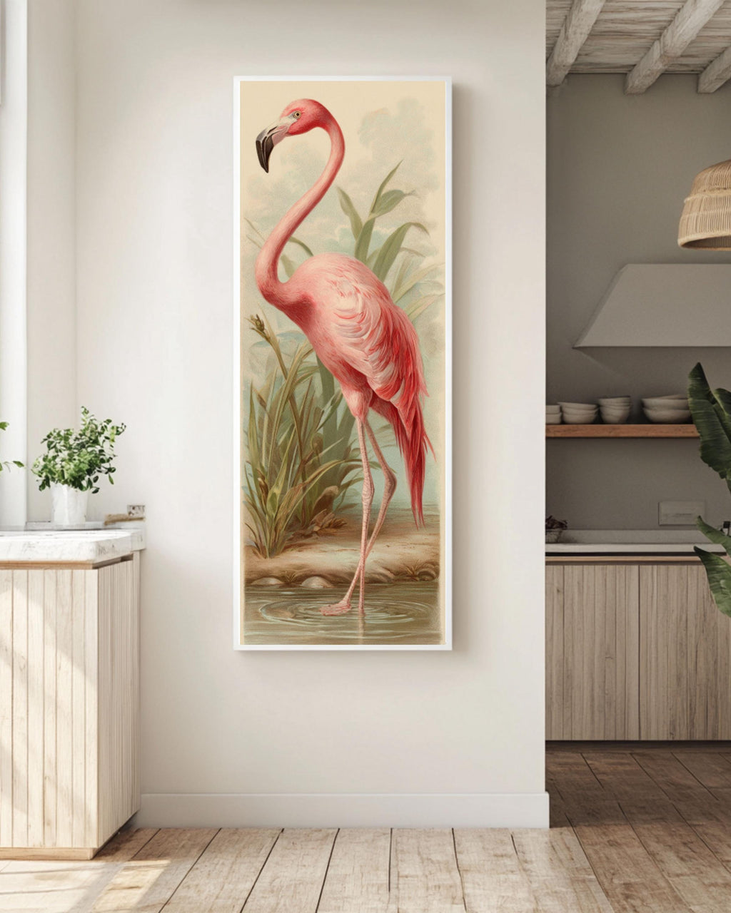 Vintage Flamingo Print: Chromolithograph Style Pastel Bird Art Canvas Wall Art – Modern Decor Print