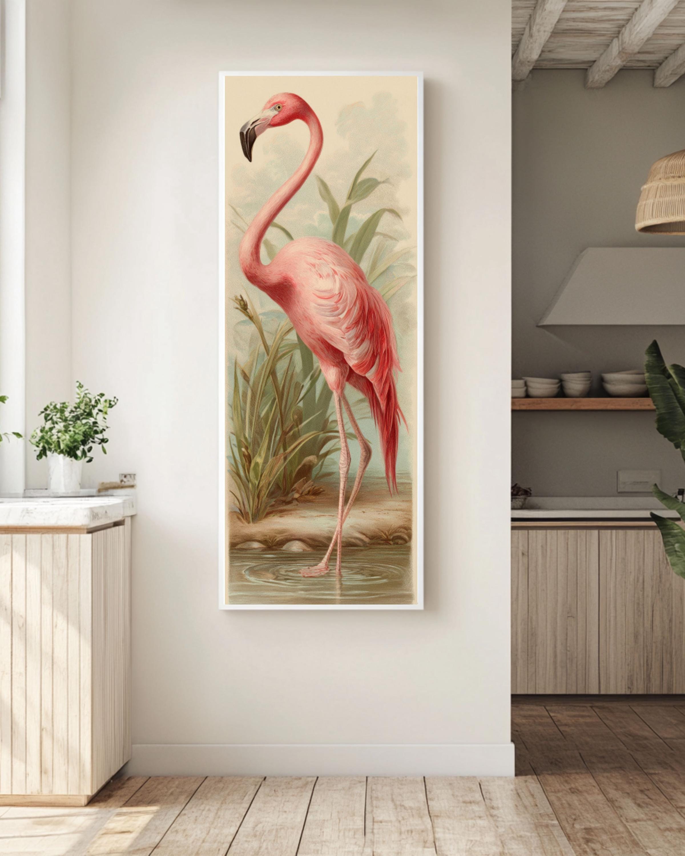 Vintage Flamingo Print: Chromolithograph Style Pastel Bird Art Canvas Wall Art – Modern Decor Print