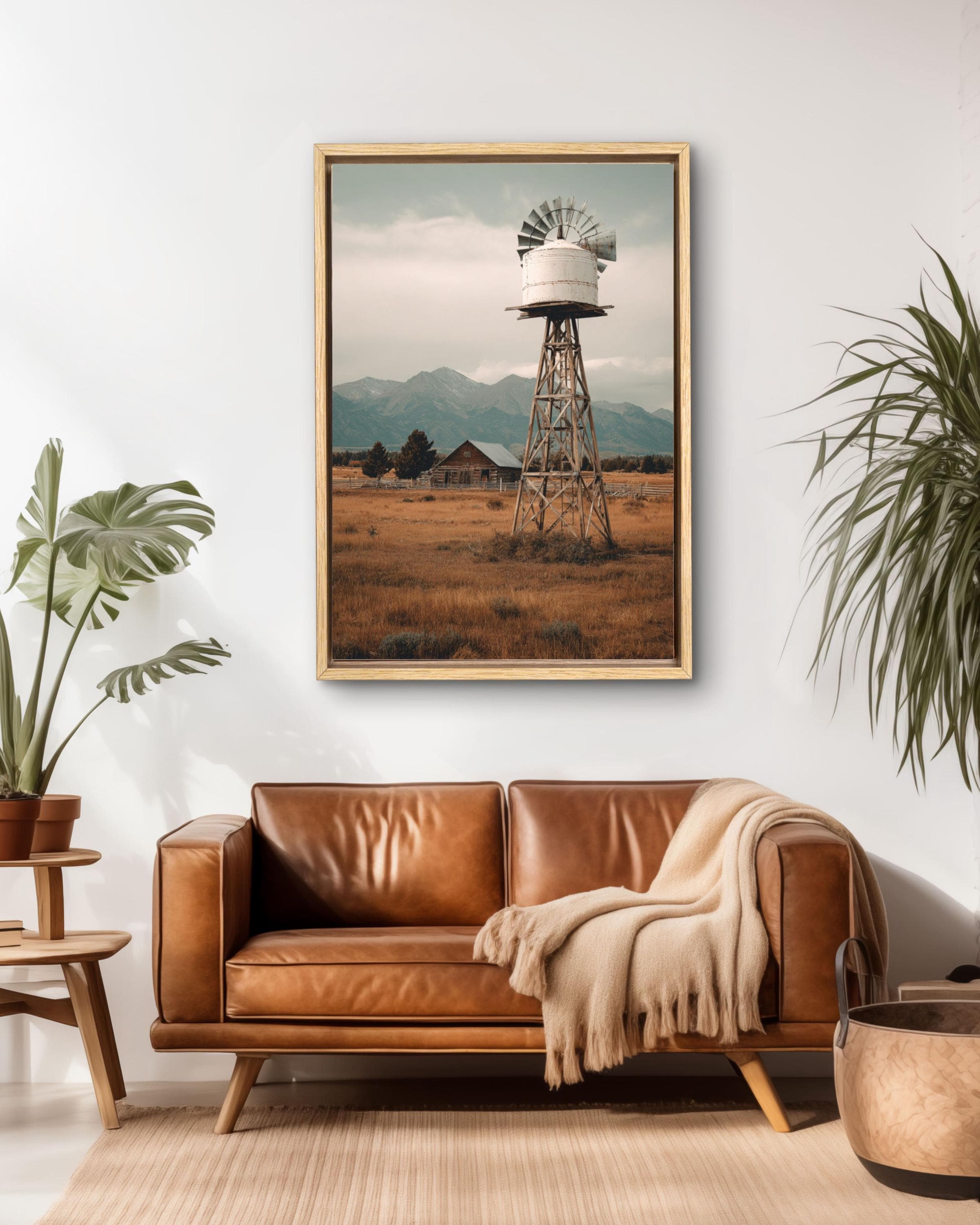 Vintage Windmill Farm Photo: Rustic Americana Landscape Art Print Canvas Wall Art – Modern Decor Print