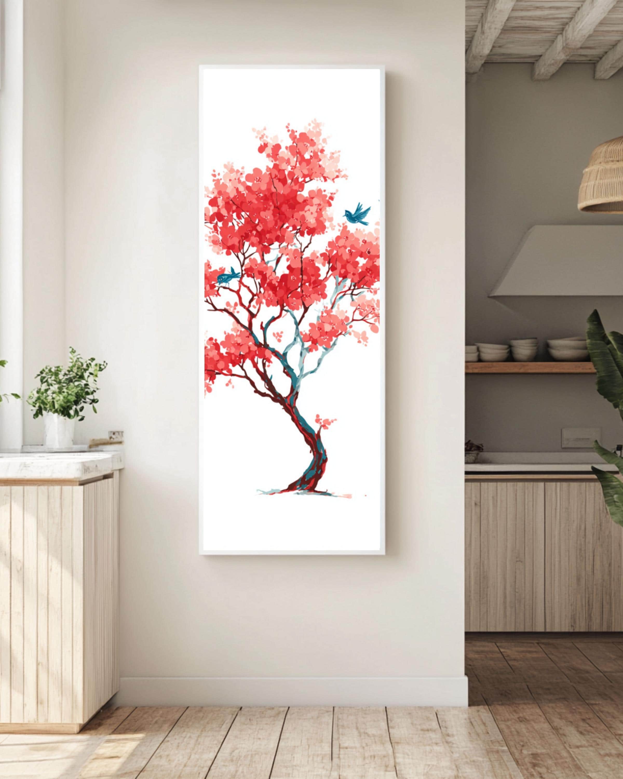 Matisse-Inspired Cherry Blossom Print: Minimalist Red Tree & Blue Birds Canvas Wall Art – Modern Decor Print