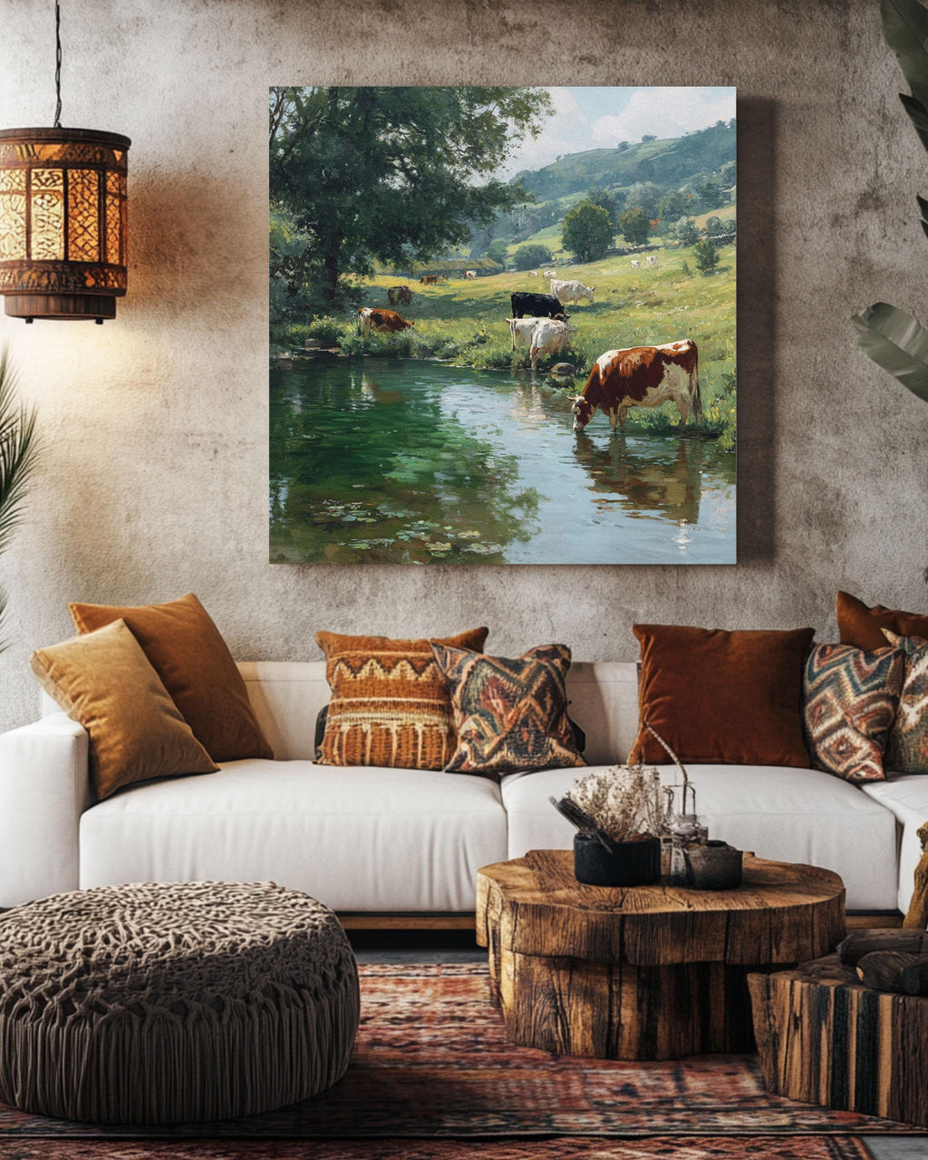 English Countryside Cow Print: Pastoral Landscape Art, Jim Irwin David Gendall Style Canvas Wall Art – Modern Decor Print
