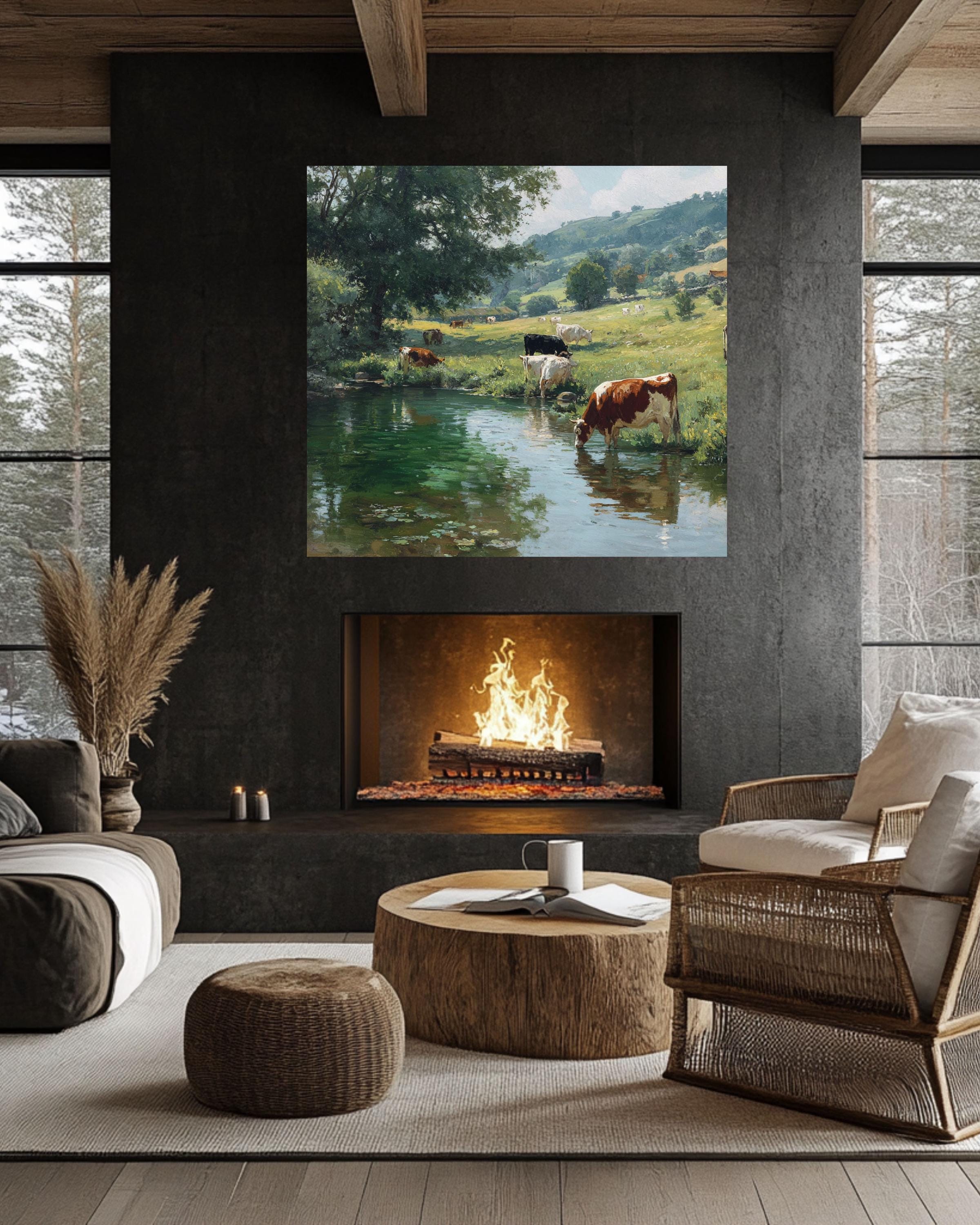English Countryside Cow Print: Pastoral Landscape Art, Jim Irwin David Gendall Style Canvas Wall Art – Modern Decor Print