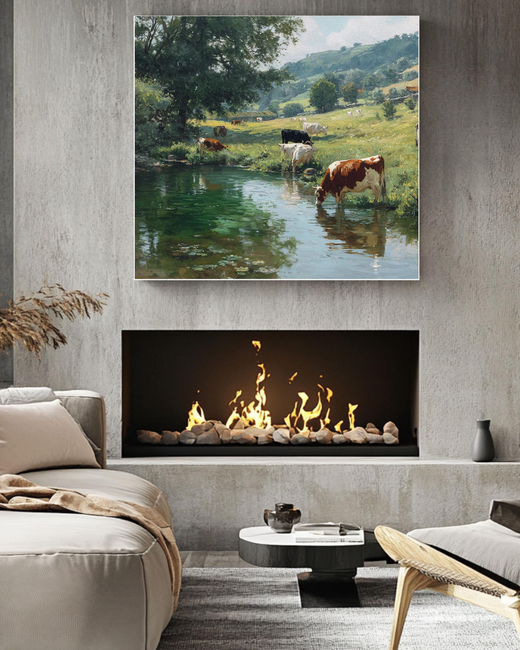English Countryside Cow Print: Pastoral Landscape Art, Jim Irwin David Gendall Style Canvas Wall Art – Modern Decor Print