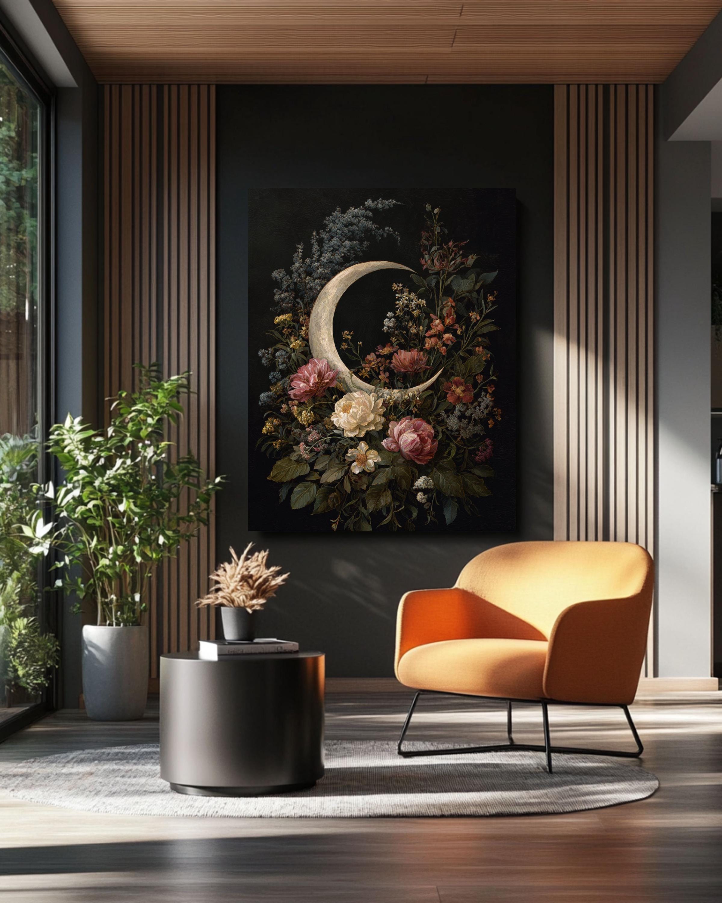 Crescent Moon Floral Wall Art | Vintage Cottagecore Botanical Print