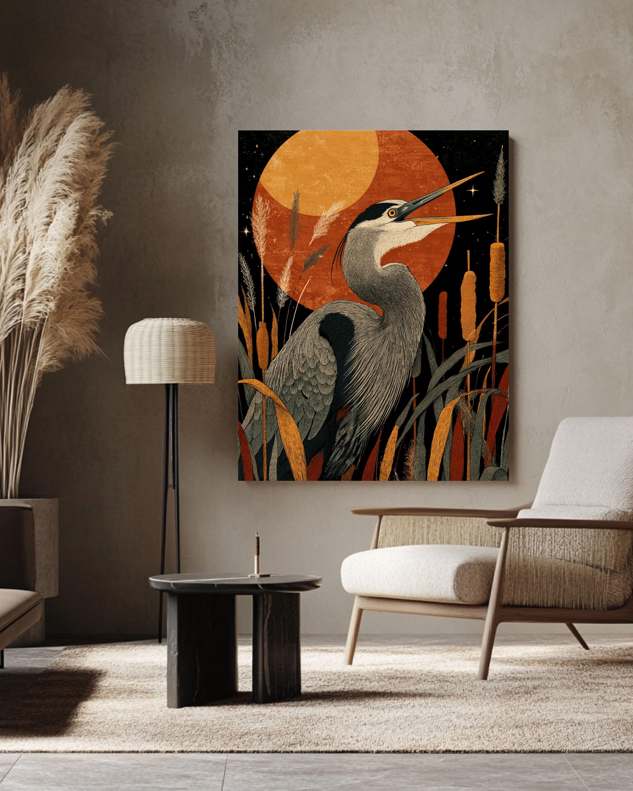 Cottagecore Heron Art Print â€“ Stylized Bird, Cattails, Starry Sky Canvas Wall Art – Modern Decor Print