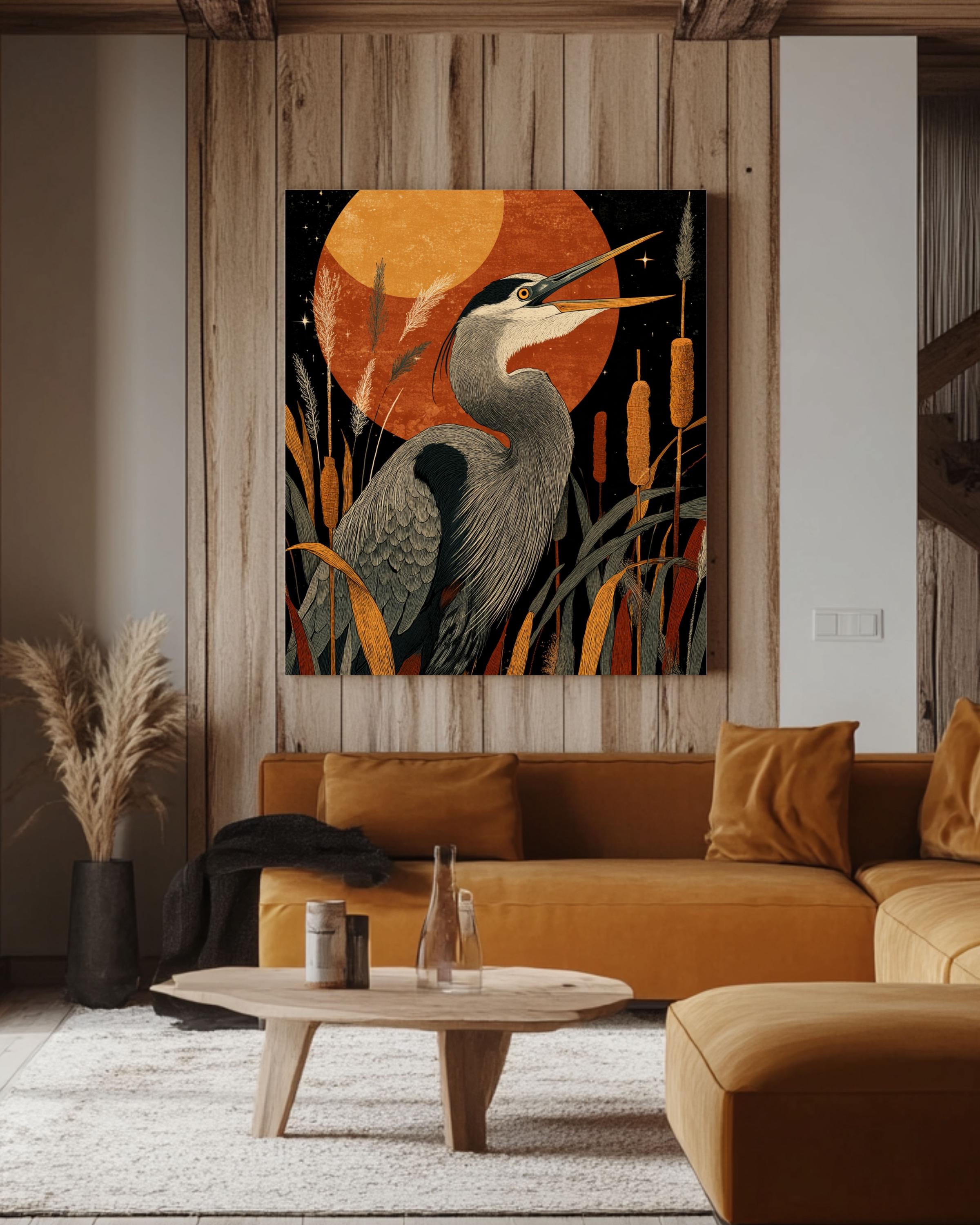 Cottagecore Heron Art Print â€“ Stylized Bird, Cattails, Starry Sky Canvas Wall Art – Modern Decor Print