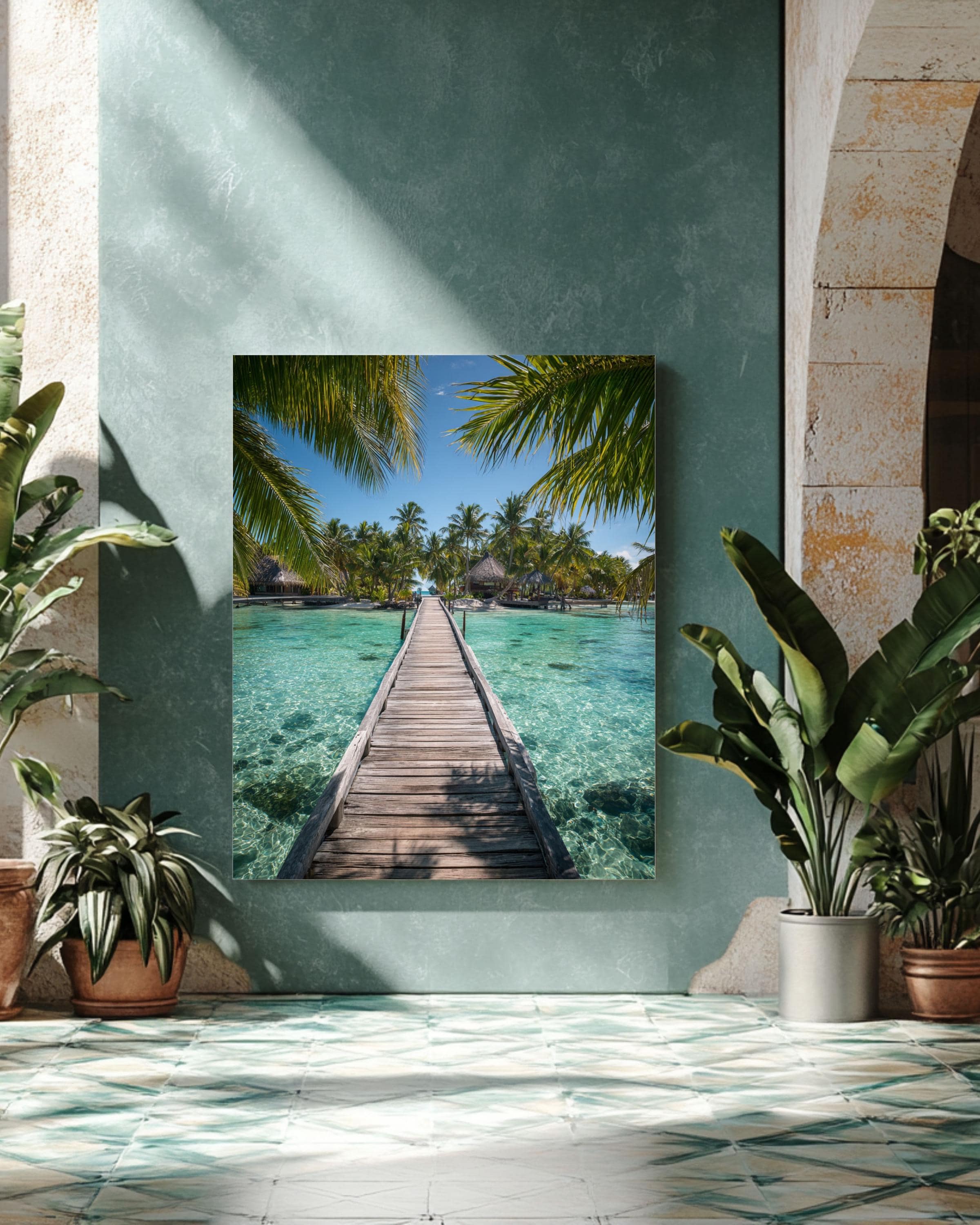 Tropical Island Bridge Photo: Coastal Palm Leaf Wall Art Canvas Wall Art – Modern Decor Print