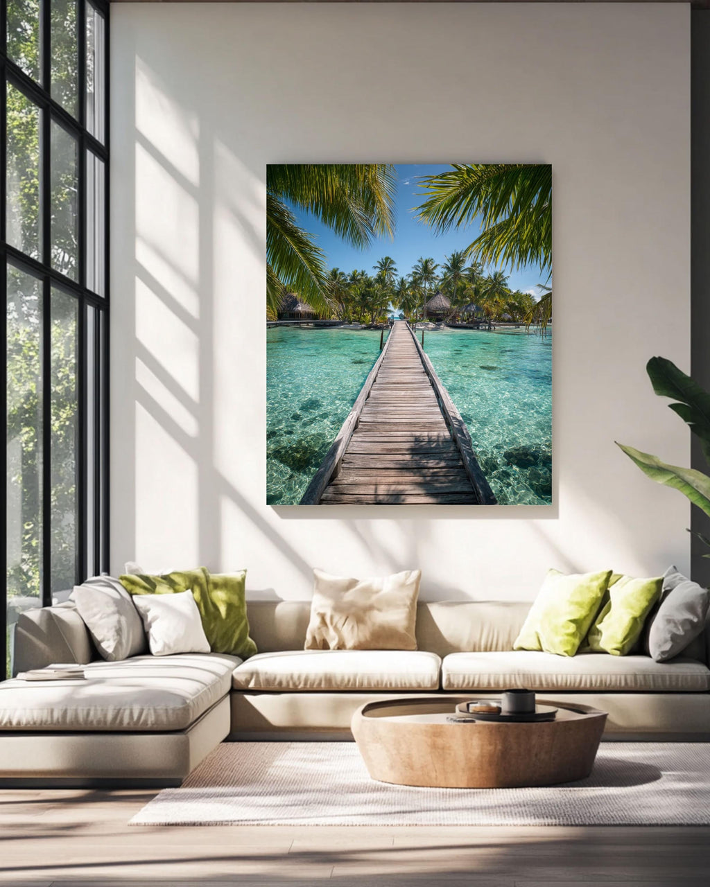 Tropical Island Bridge Photo: Coastal Palm Leaf Wall Art Canvas Wall Art – Modern Decor Print