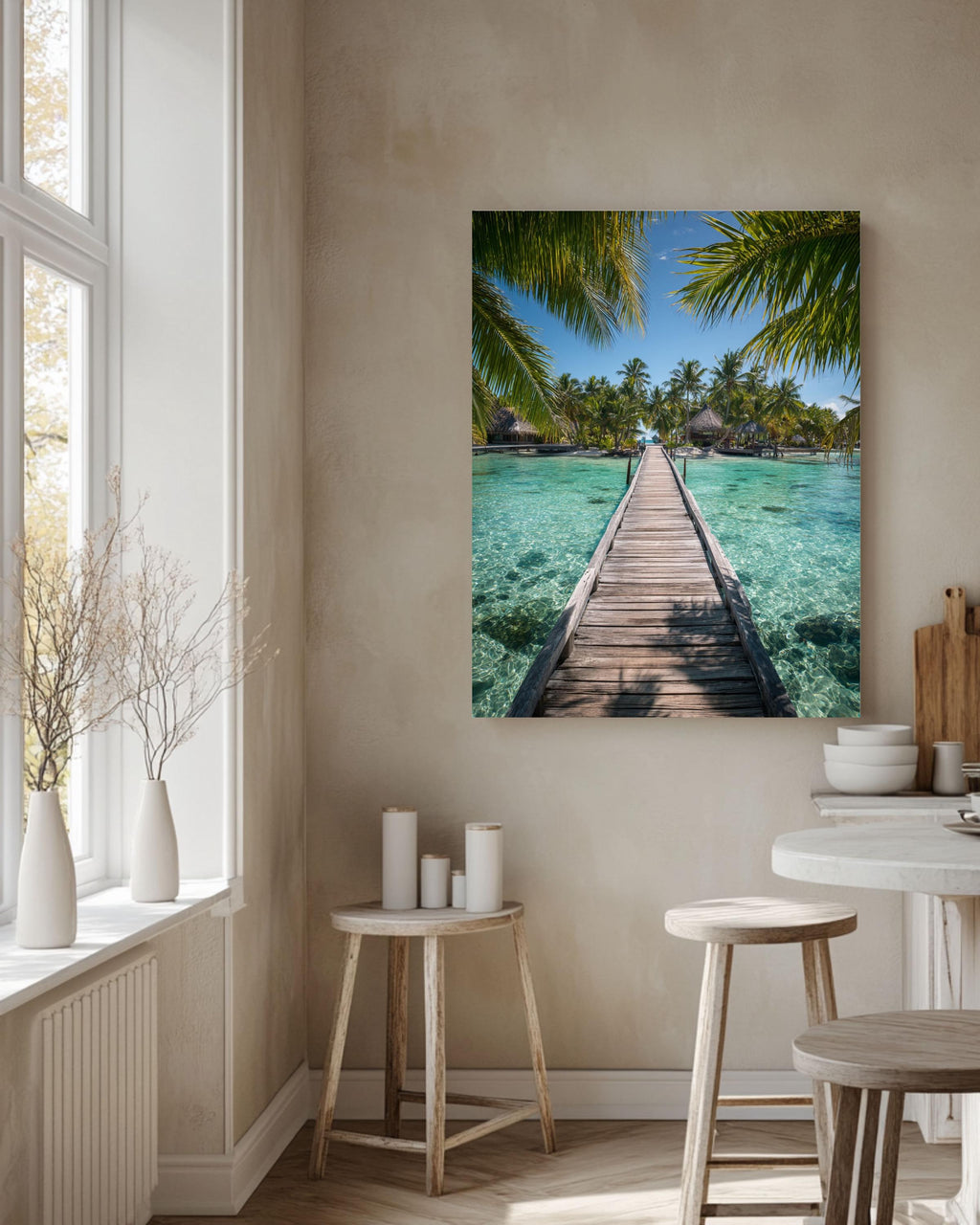 Tropical Island Bridge Photo: Coastal Palm Leaf Wall Art Canvas Wall Art – Modern Decor Print