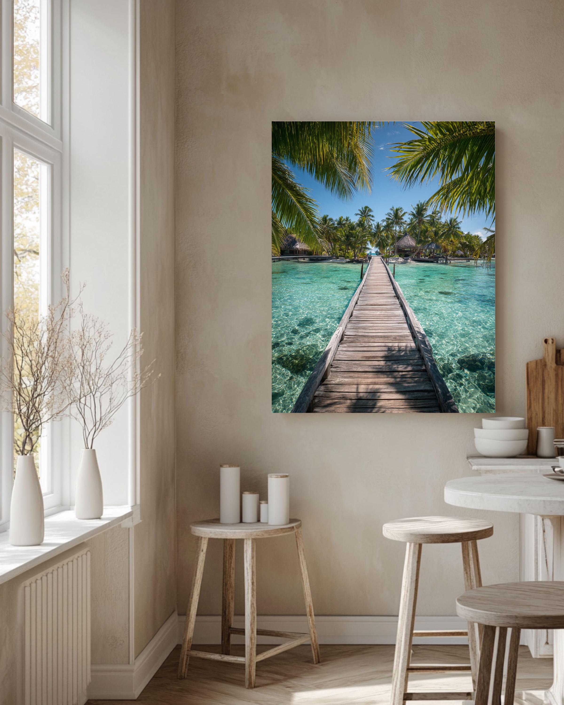 Tropical Island Bridge Photo: Coastal Palm Leaf Wall Art Canvas Wall Art – Modern Decor Print