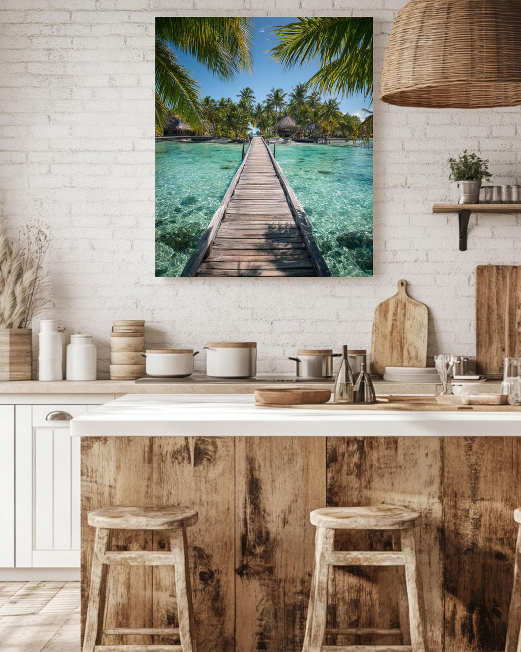 Tropical Island Bridge Photo: Coastal Palm Leaf Wall Art Canvas Wall Art – Modern Decor Print