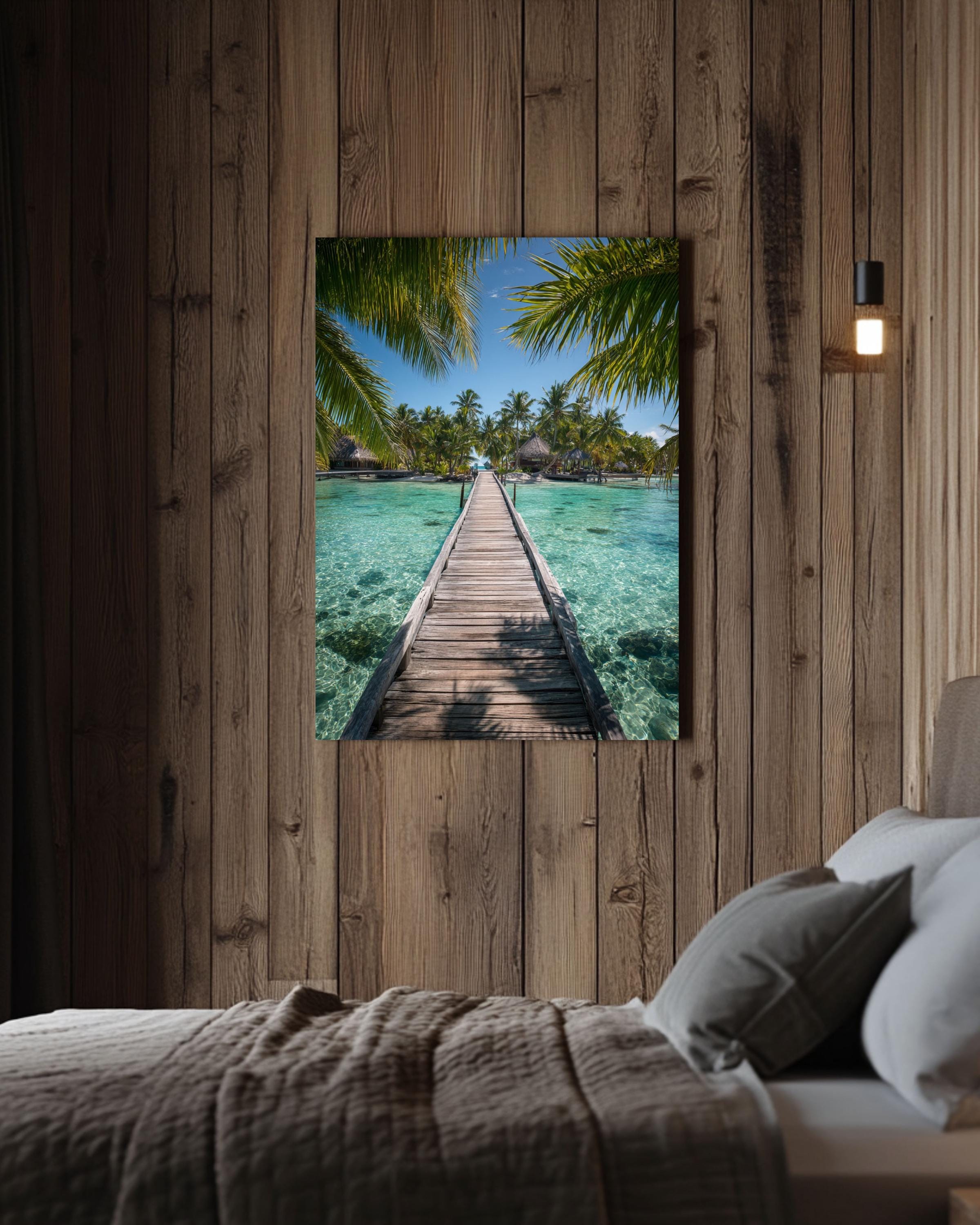 Tropical Island Bridge Photo: Coastal Palm Leaf Wall Art Canvas Wall Art – Modern Decor Print