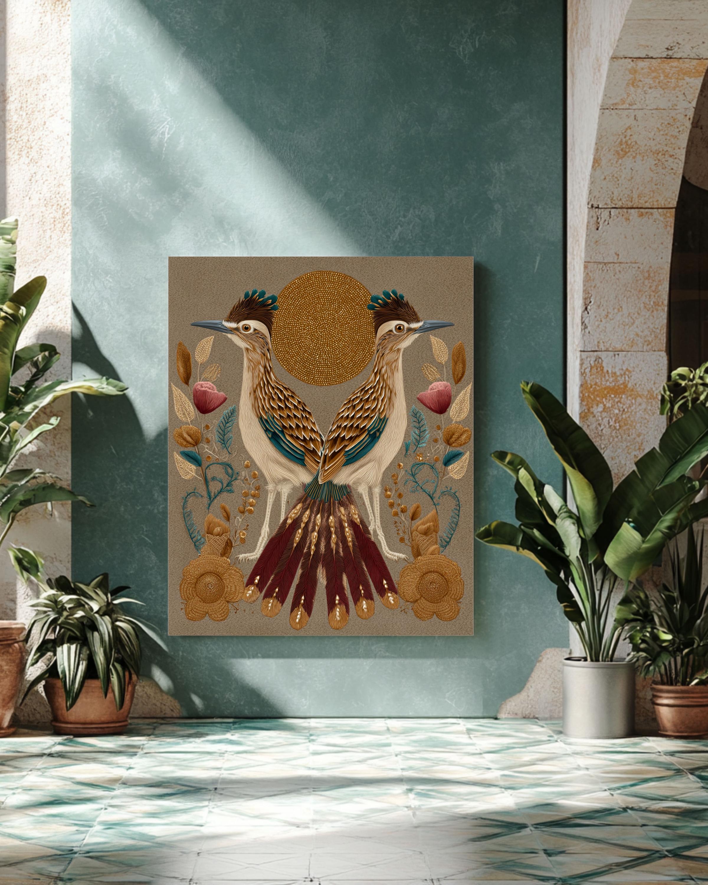 Boho Roadrunner Art Print: Klimt Matisse Style, Gold Accents Canvas Wall Art – Modern Decor Print