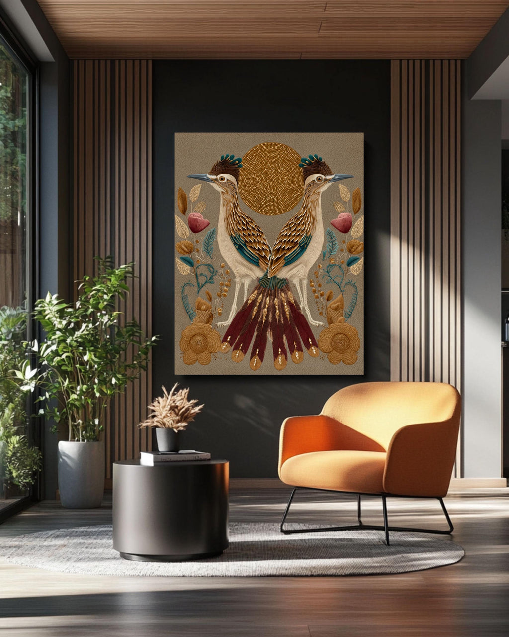 Boho Roadrunner Art Print: Klimt Matisse Style, Gold Accents Canvas Wall Art – Modern Decor Print
