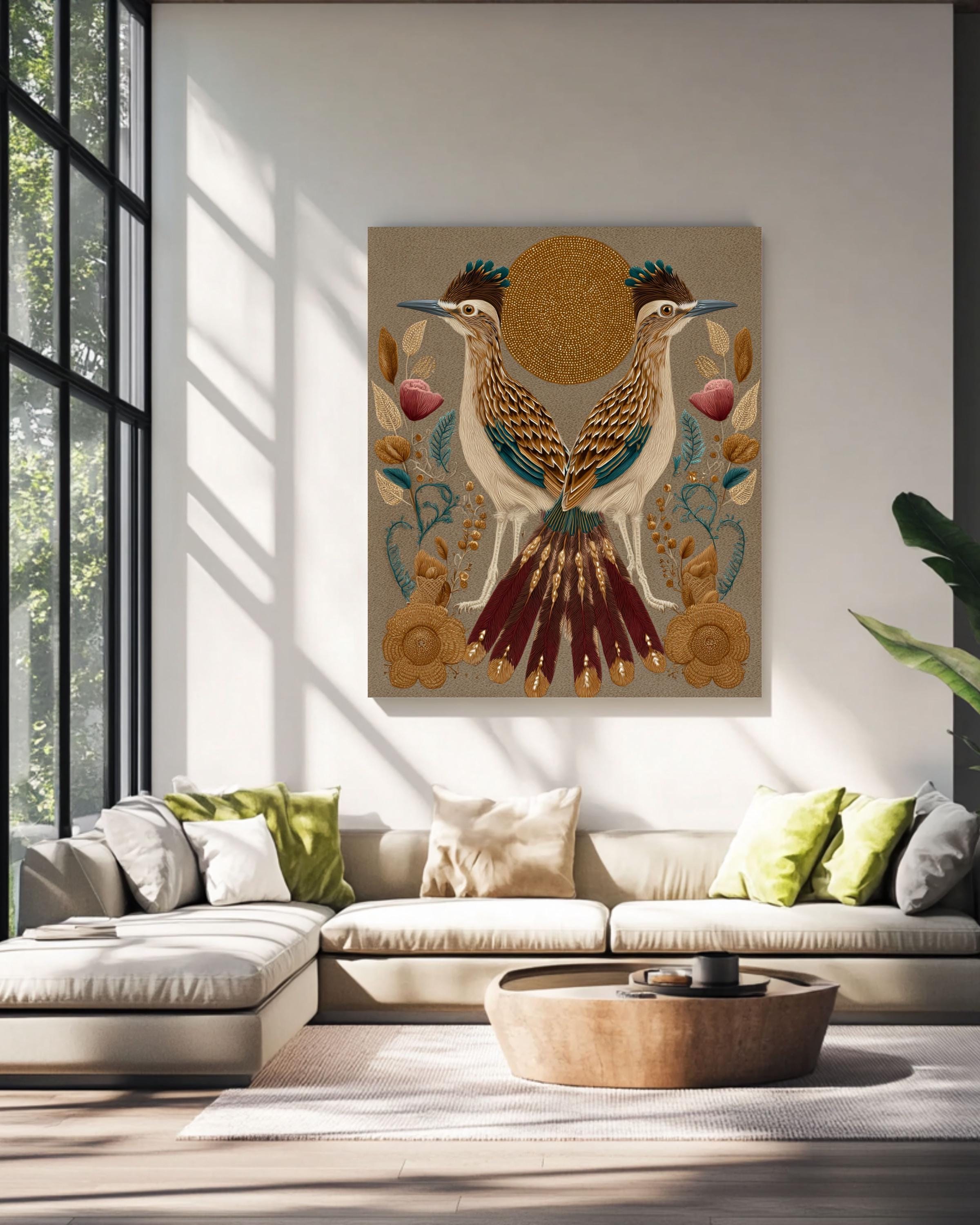 Boho Roadrunner Art Print: Klimt Matisse Style, Gold Accents Canvas Wall Art – Modern Decor Print
