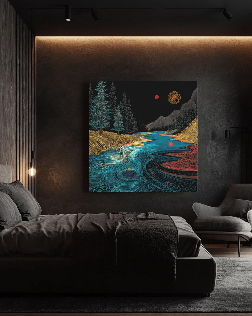 Abstract River Flow Art Print: Geometric Nature Landscape, Red Dot Accent Canvas Wall Art – Modern Decor Print