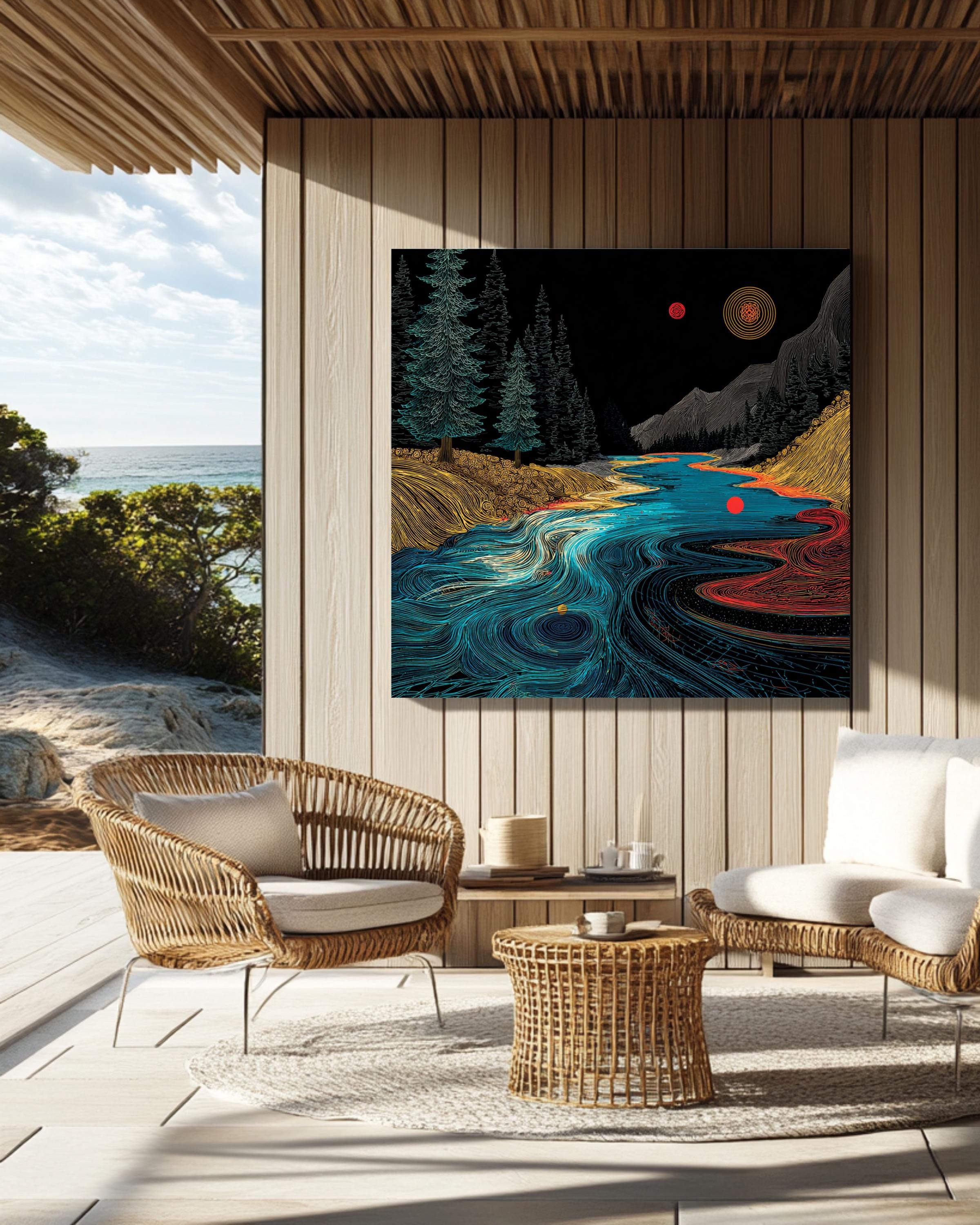 Abstract River Flow Art Print: Geometric Nature Landscape, Red Dot Accent Canvas Wall Art – Modern Decor Print