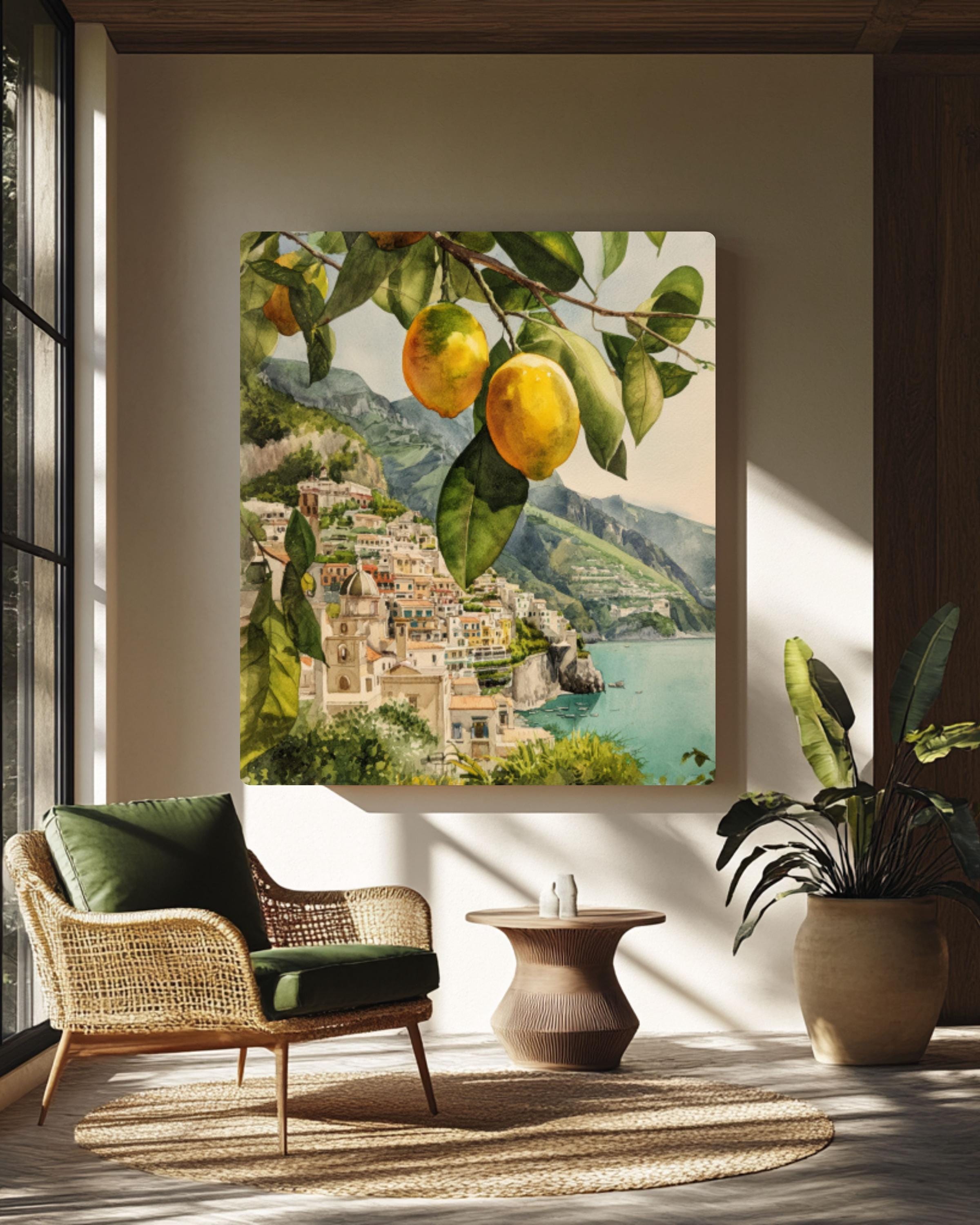 Amalfi Coast Lemon Tree Print: Italian Coastal Art, Ocean View Canvas Wall Art – Modern Decor Print