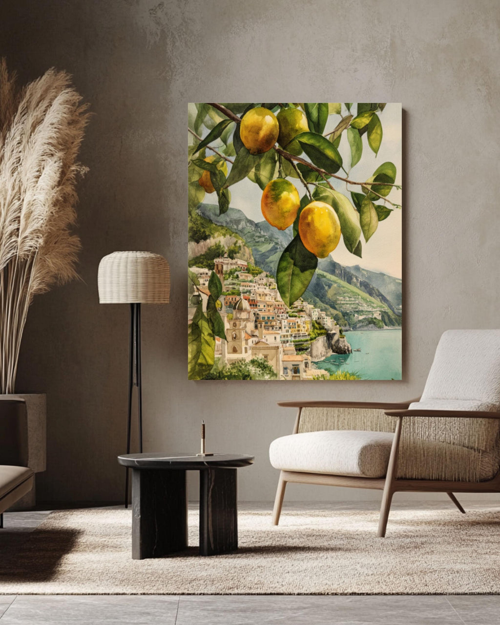 Amalfi Coast Lemon Tree Print: Italian Coastal Art, Ocean View Canvas Wall Art – Modern Decor Print