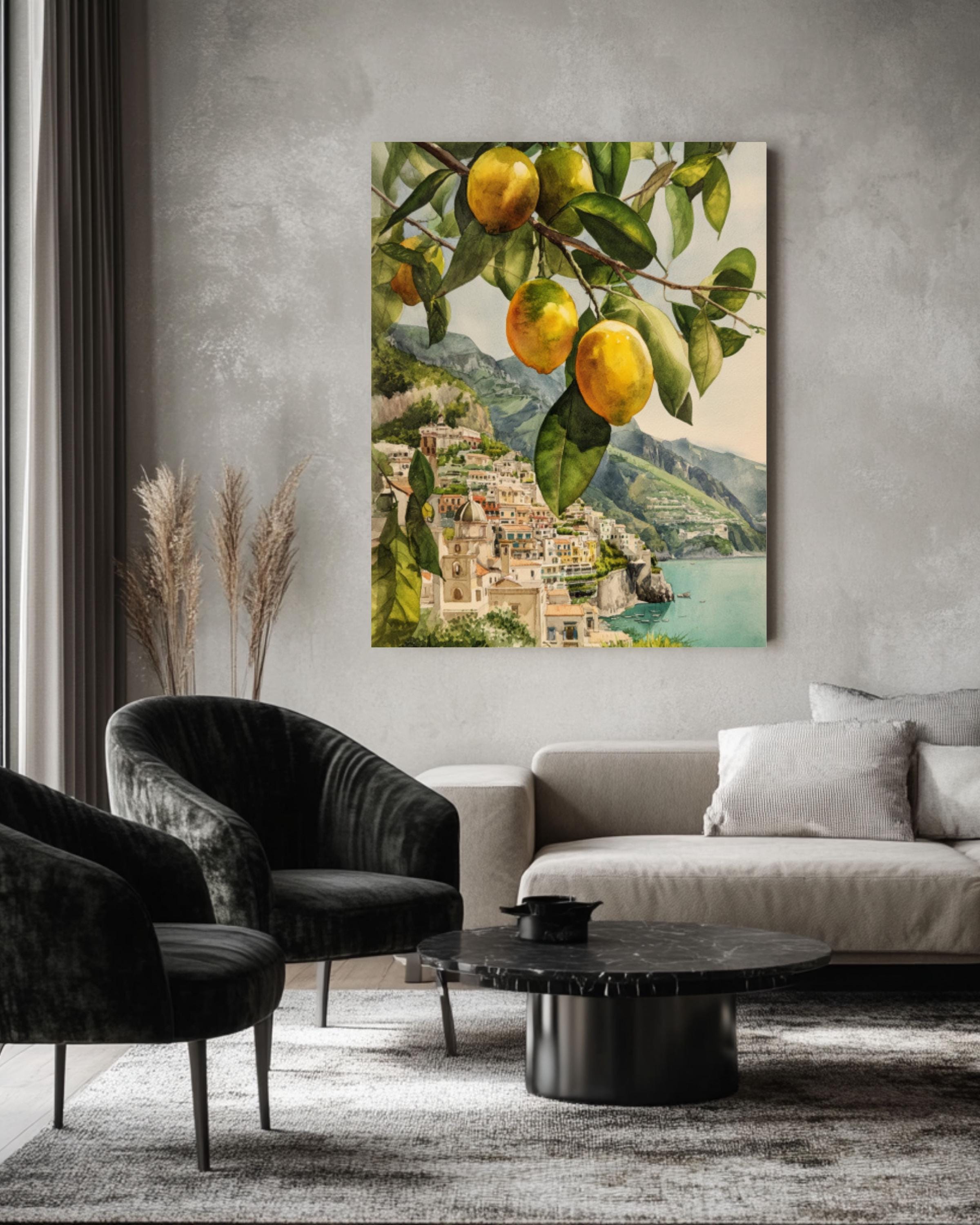 Amalfi Coast Lemon Tree Print: Italian Coastal Art, Ocean View Canvas Wall Art – Modern Decor Print