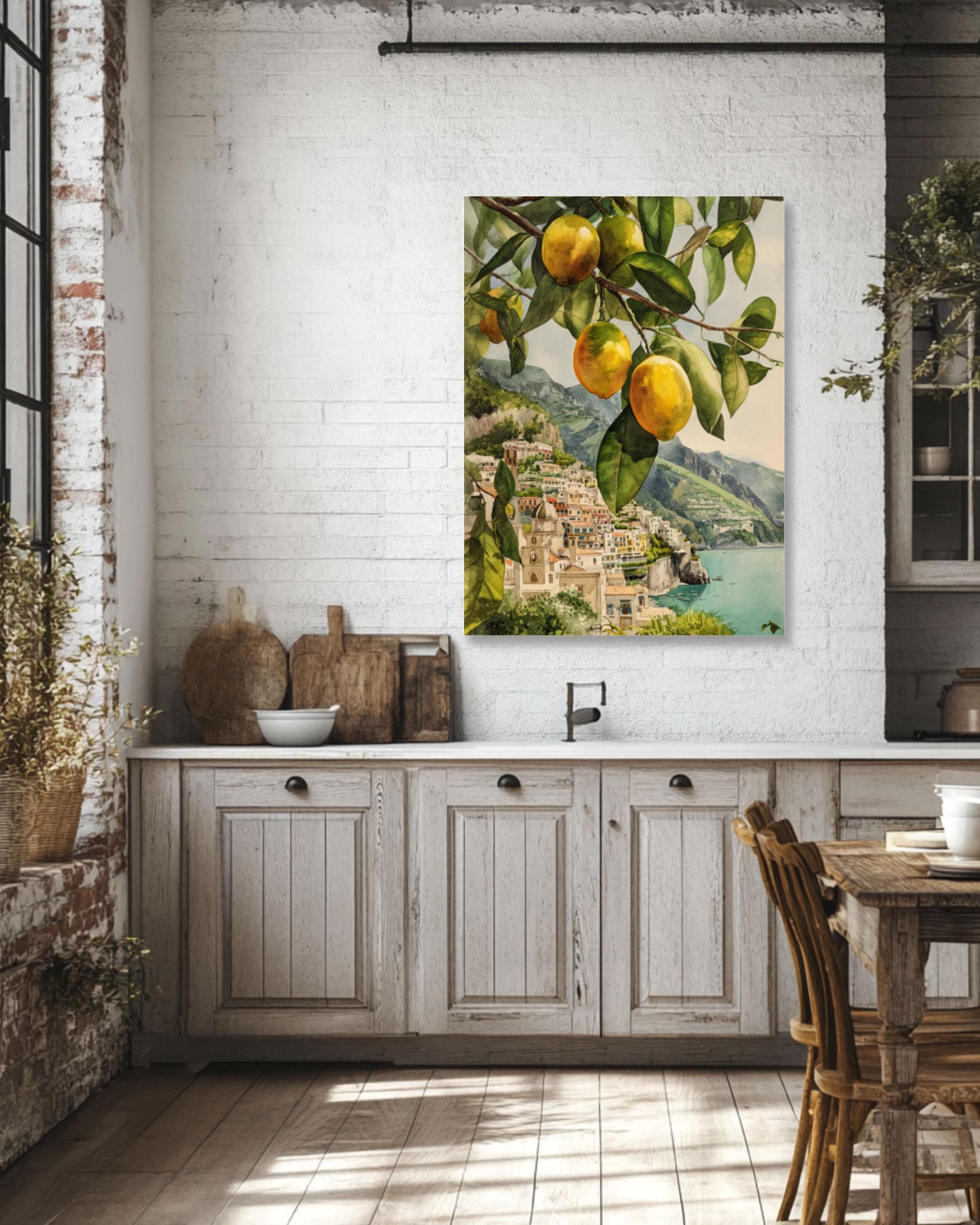 Amalfi Coast Lemon Tree Print: Italian Coastal Art, Ocean View Canvas Wall Art – Modern Decor Print