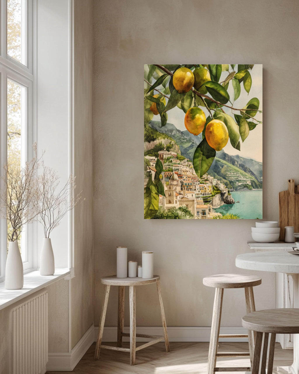 Amalfi Coast Lemon Tree Print: Italian Coastal Art, Ocean View Canvas Wall Art – Modern Decor Print