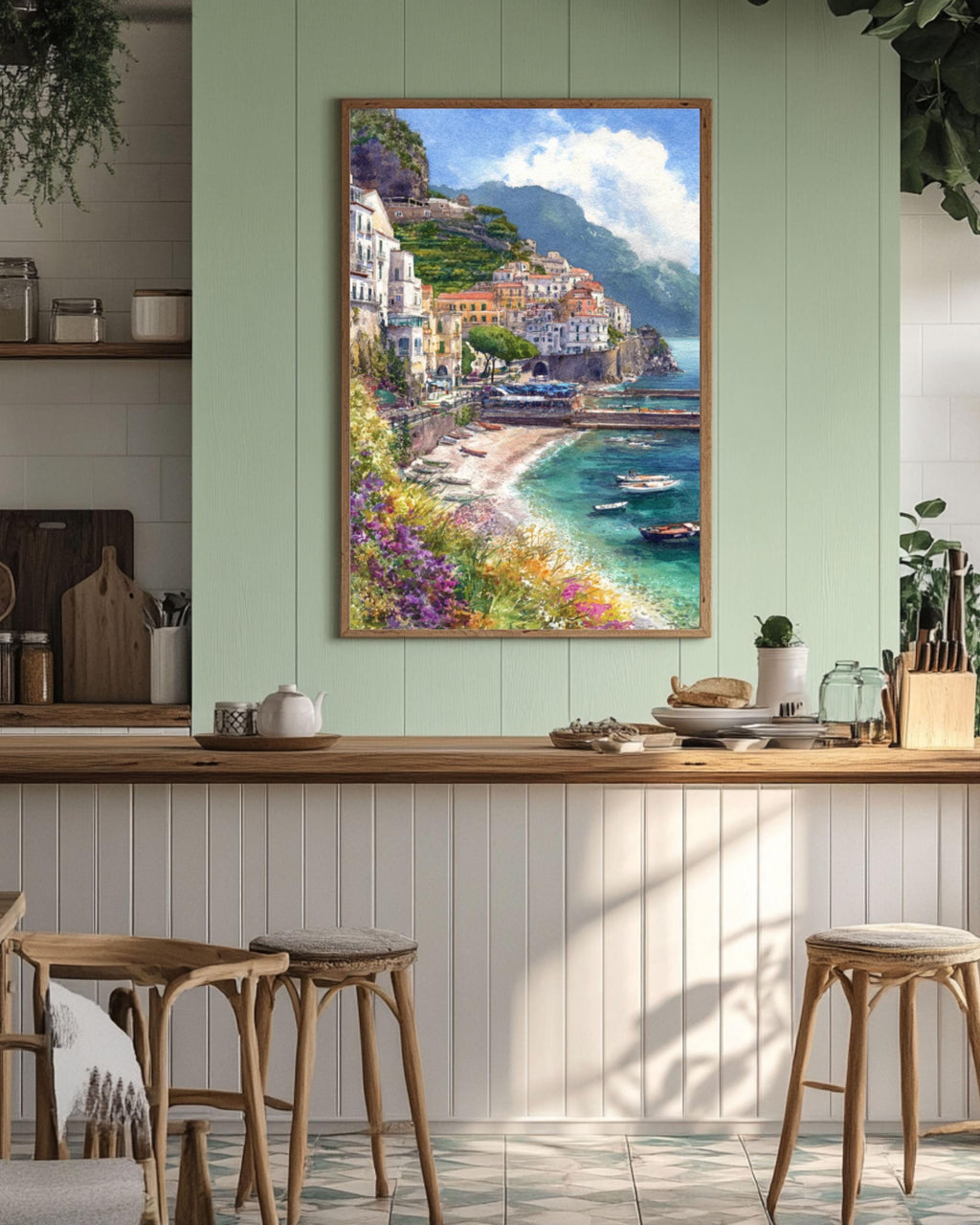 Amalfi Coast Watercolor Print: Italian Seaside Landscape, Pastel Wall Art Canvas Wall Art – Modern Decor Print