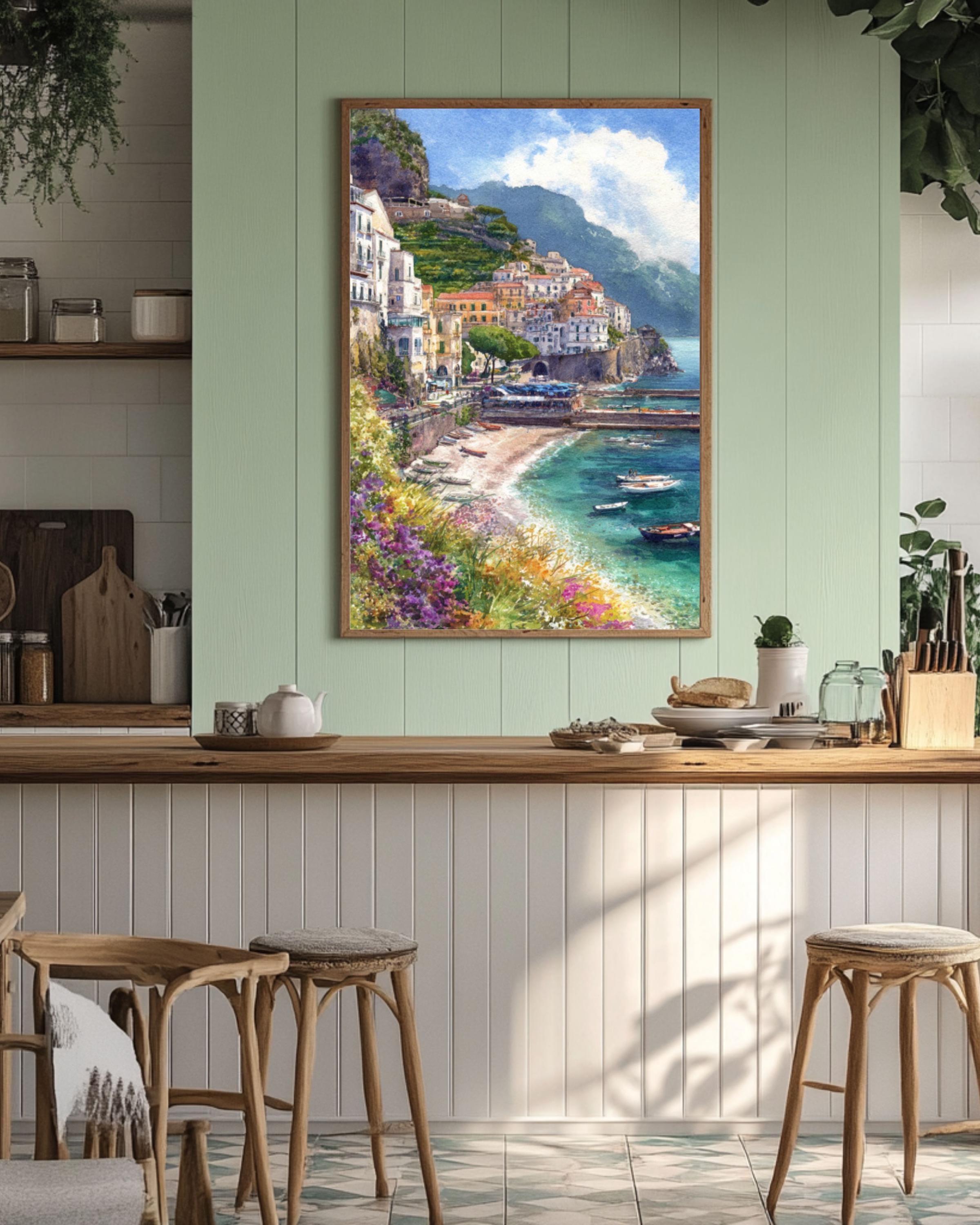 Amalfi Coast Watercolor Print: Italian Seaside Landscape, Pastel Wall Art Canvas Wall Art – Modern Decor Print
