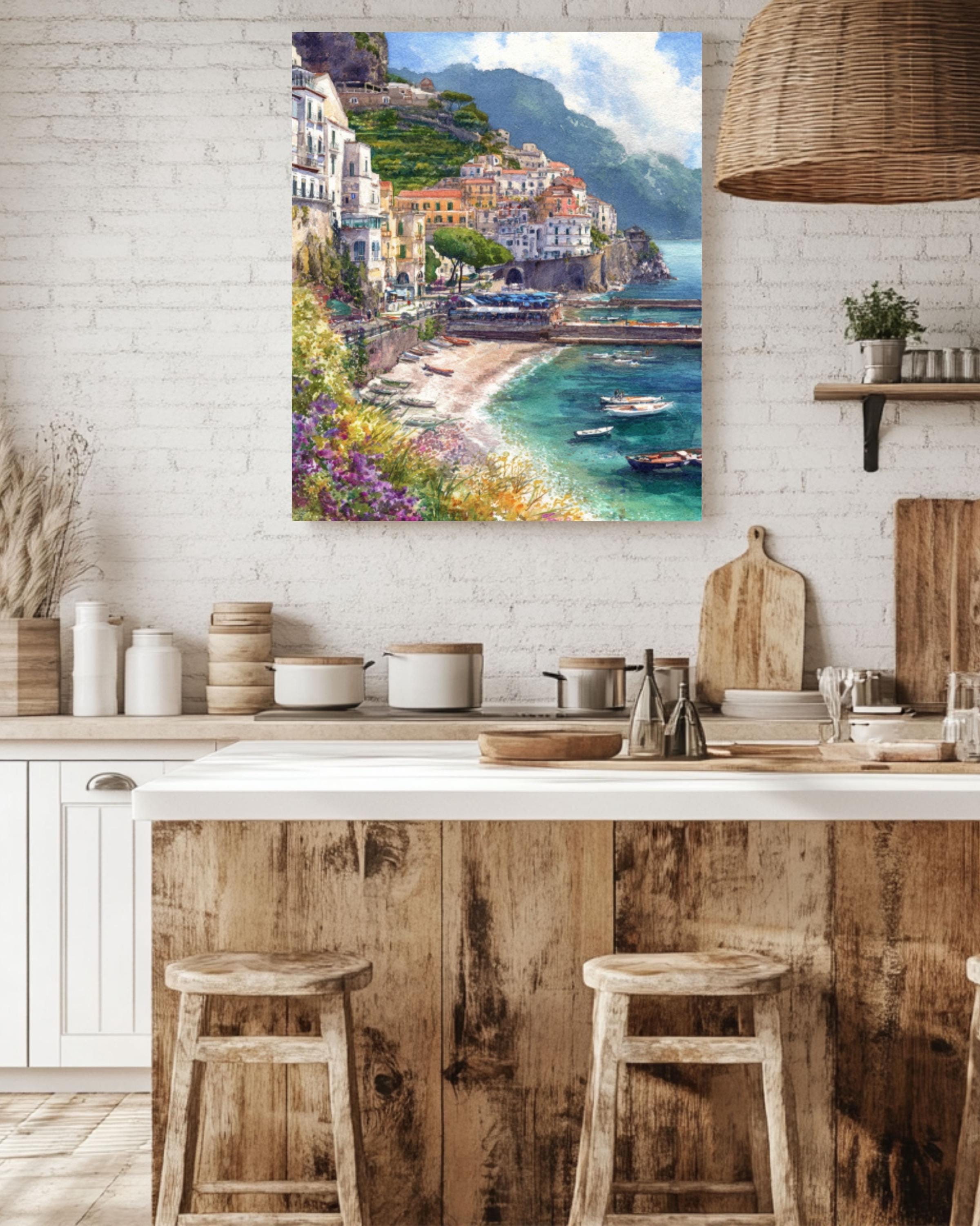 Amalfi Coast Watercolor Print: Italian Seaside Landscape, Pastel Wall Art Canvas Wall Art – Modern Decor Print