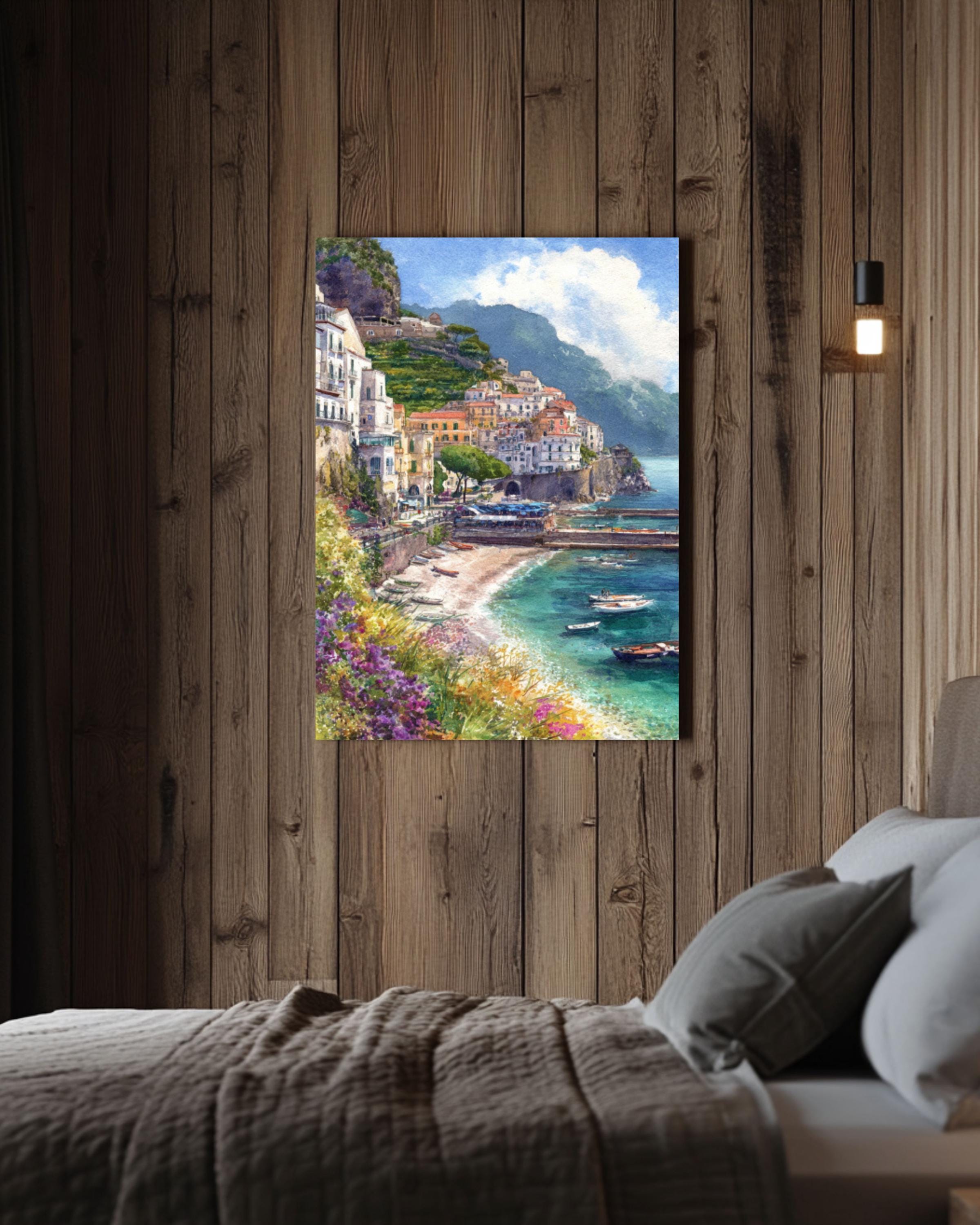 Amalfi Coast Watercolor Print: Italian Seaside Landscape, Pastel Wall Art Canvas Wall Art – Modern Decor Print