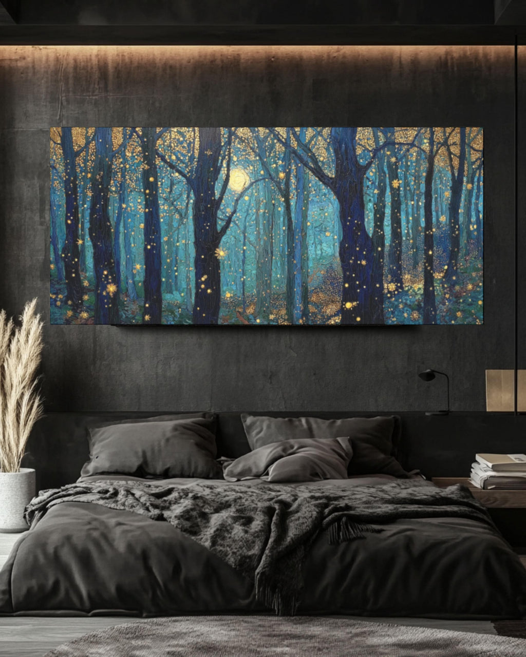 Moonlight Forest Canvas Art: Klimt & Payne Style, Gold Stars Canvas Wall Art – Modern Decor Print