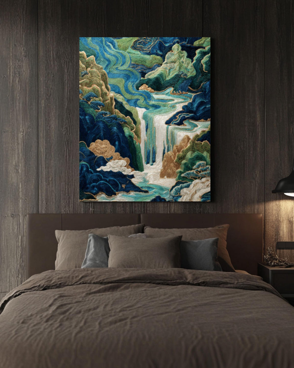 Chinese Embroidery Style Waterfall Art Print: Indigo & Gold Landscape Canvas Wall Art – Modern Decor Print