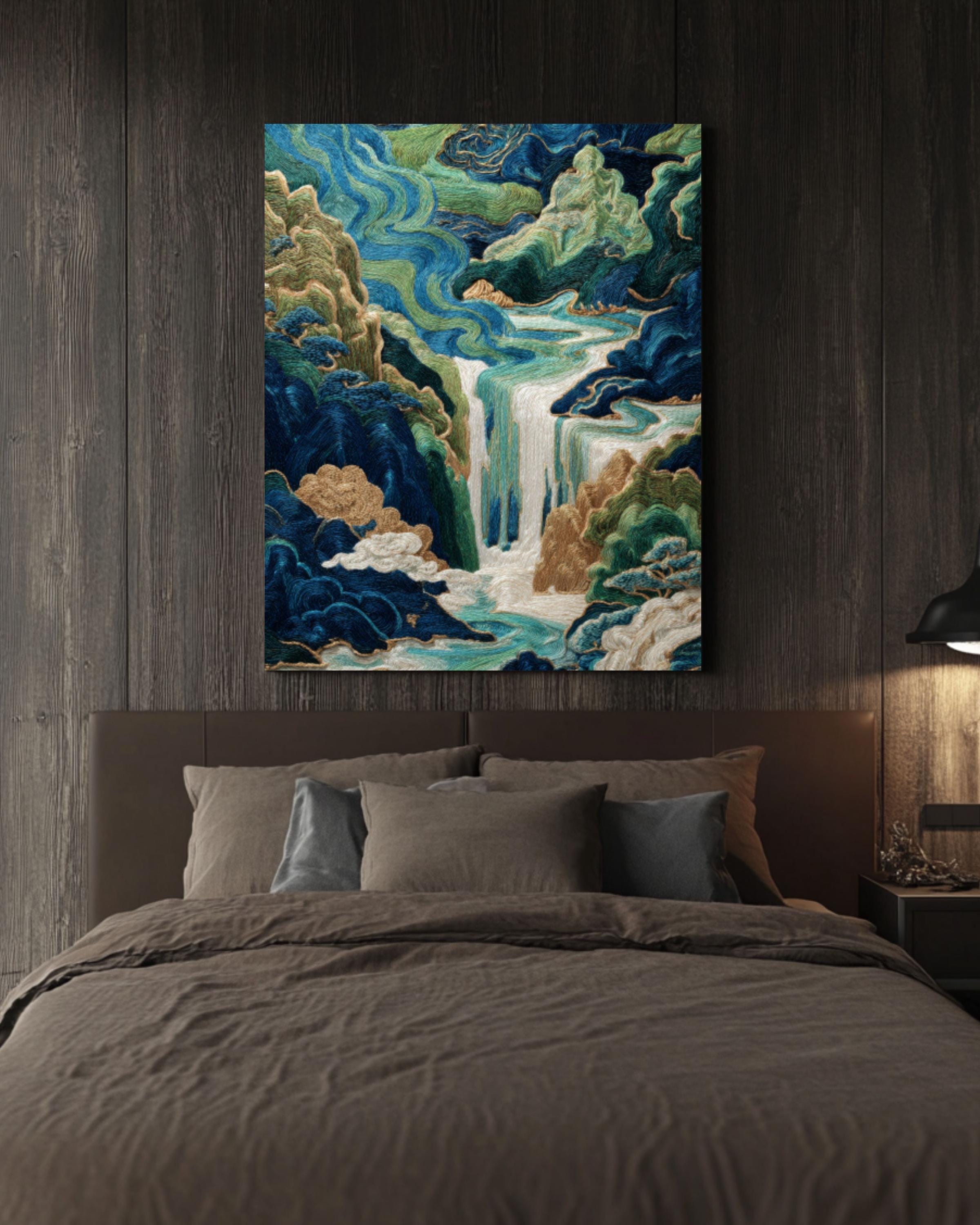 Chinese Embroidery Style Waterfall Art Print: Indigo & Gold Landscape Canvas Wall Art – Modern Decor Print