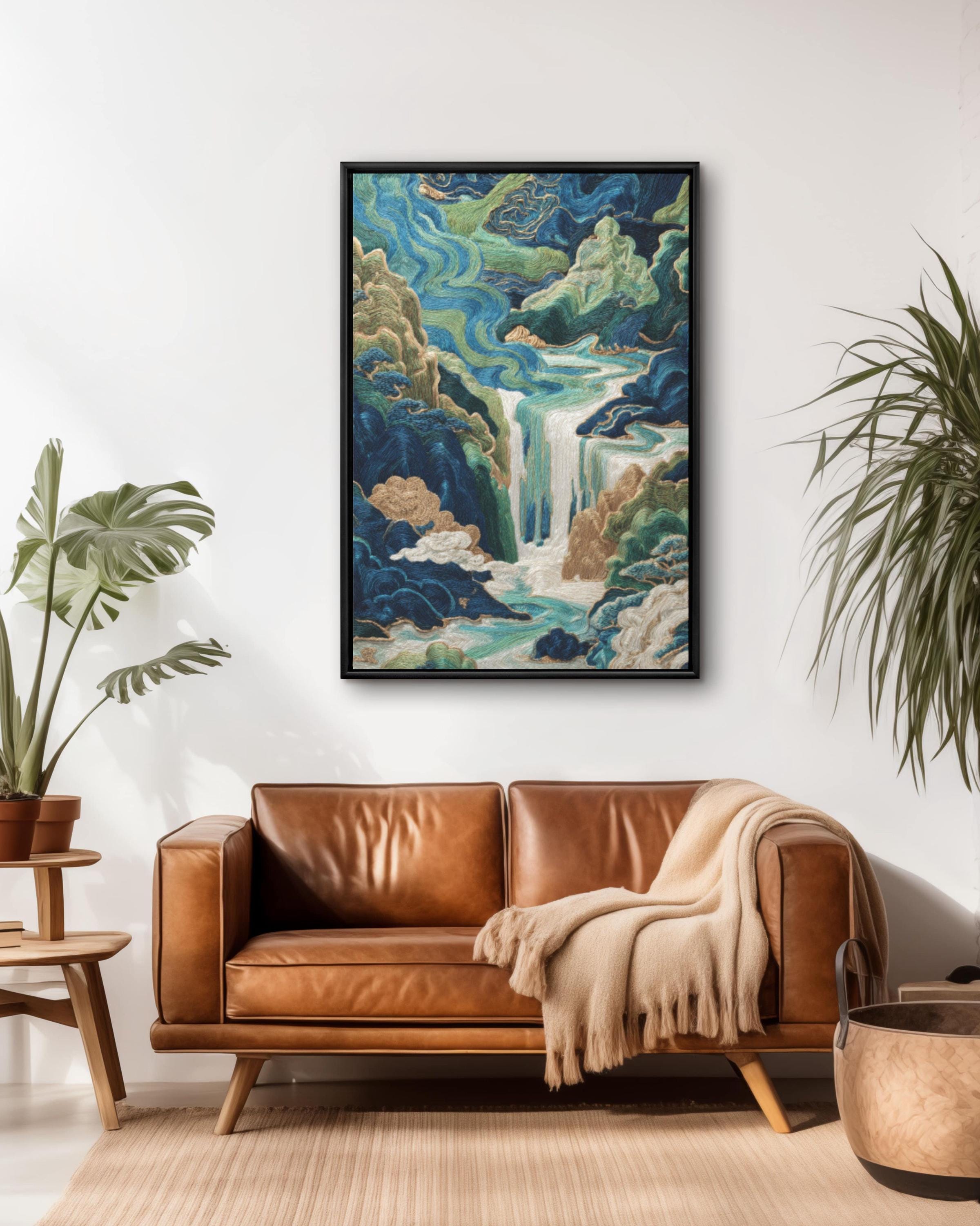 Chinese Embroidery Style Waterfall Art Print: Indigo & Gold Landscape Canvas Wall Art – Modern Decor Print
