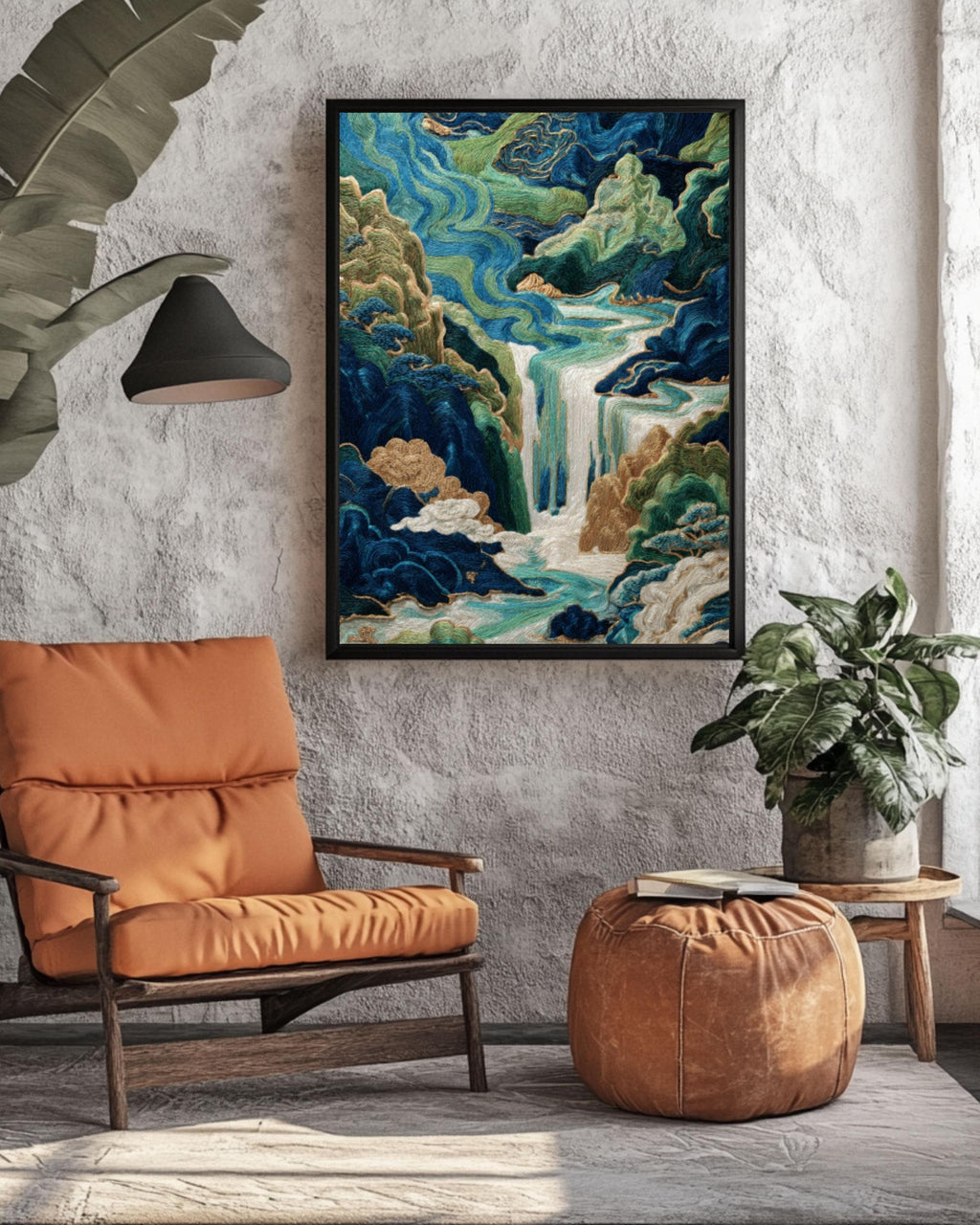 Chinese Embroidery Style Waterfall Art Print: Indigo & Gold Landscape Canvas Wall Art – Modern Decor Print