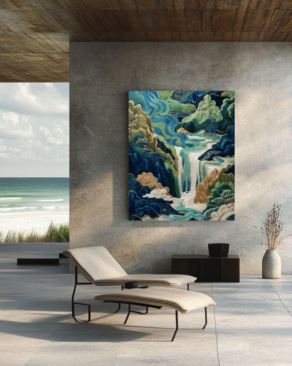 Chinese Embroidery Style Waterfall Art Print: Indigo & Gold Landscape Canvas Wall Art – Modern Decor Print