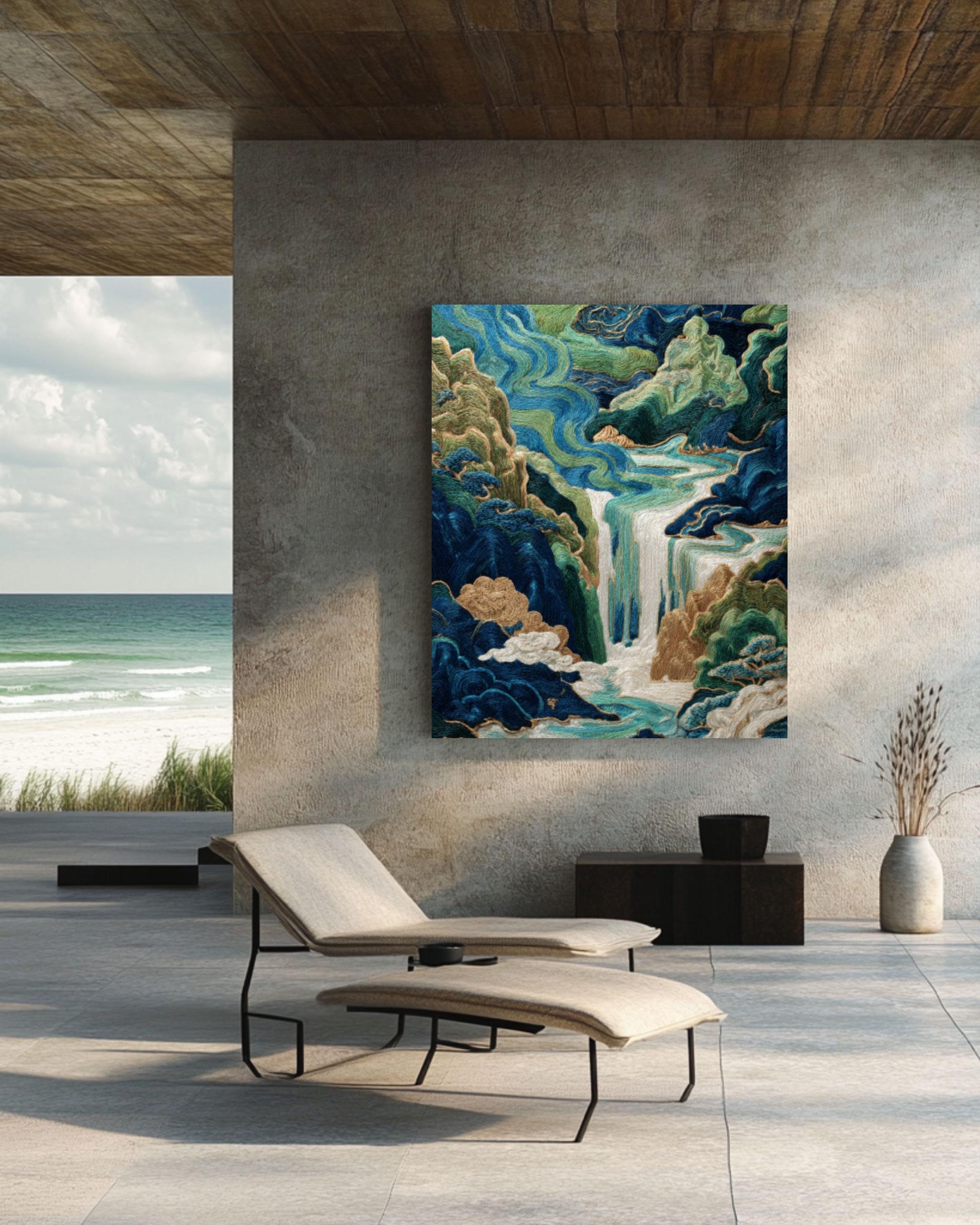 Chinese Embroidery Style Waterfall Art Print: Indigo & Gold Landscape Canvas Wall Art – Modern Decor Print