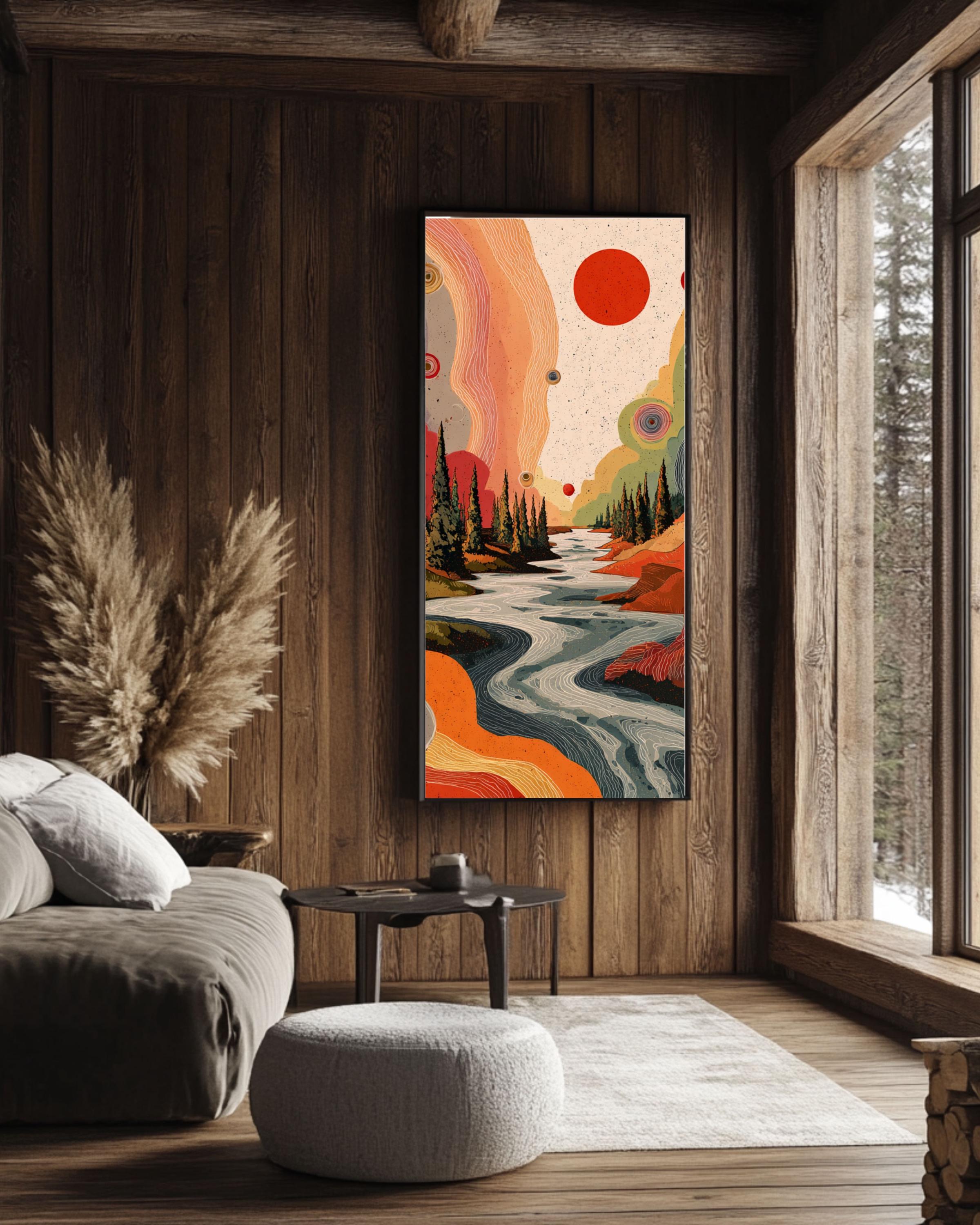 Abstract River & Pine Tree Canvas Art: Red Sun, Black Background Canvas Wall Art – Modern Decor Print