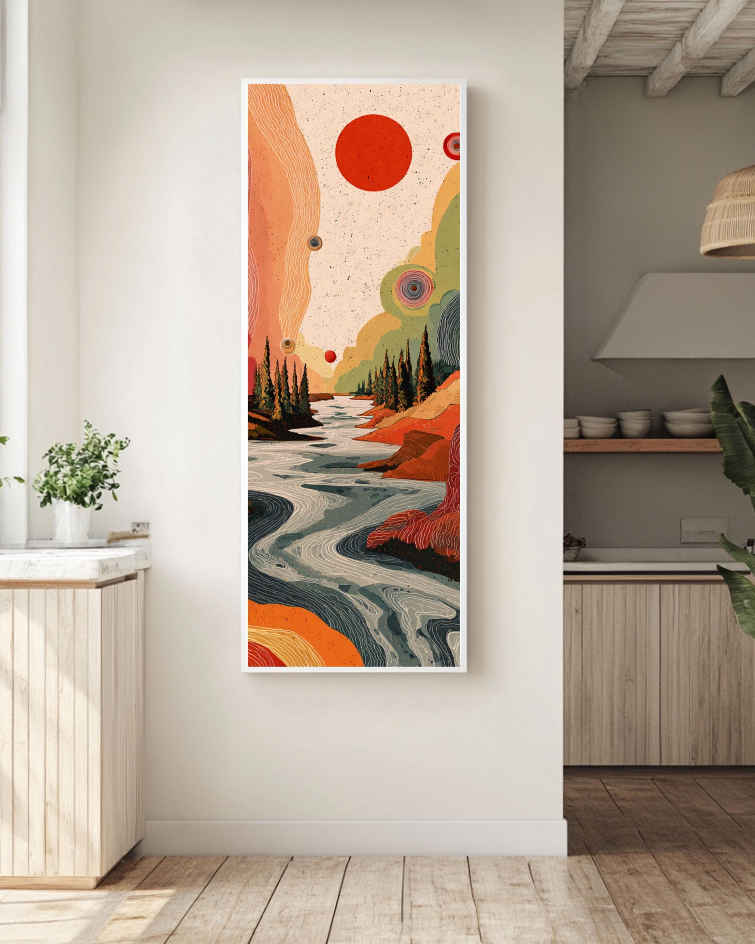 Abstract River & Pine Tree Canvas Art: Red Sun, Black Background Canvas Wall Art – Modern Decor Print