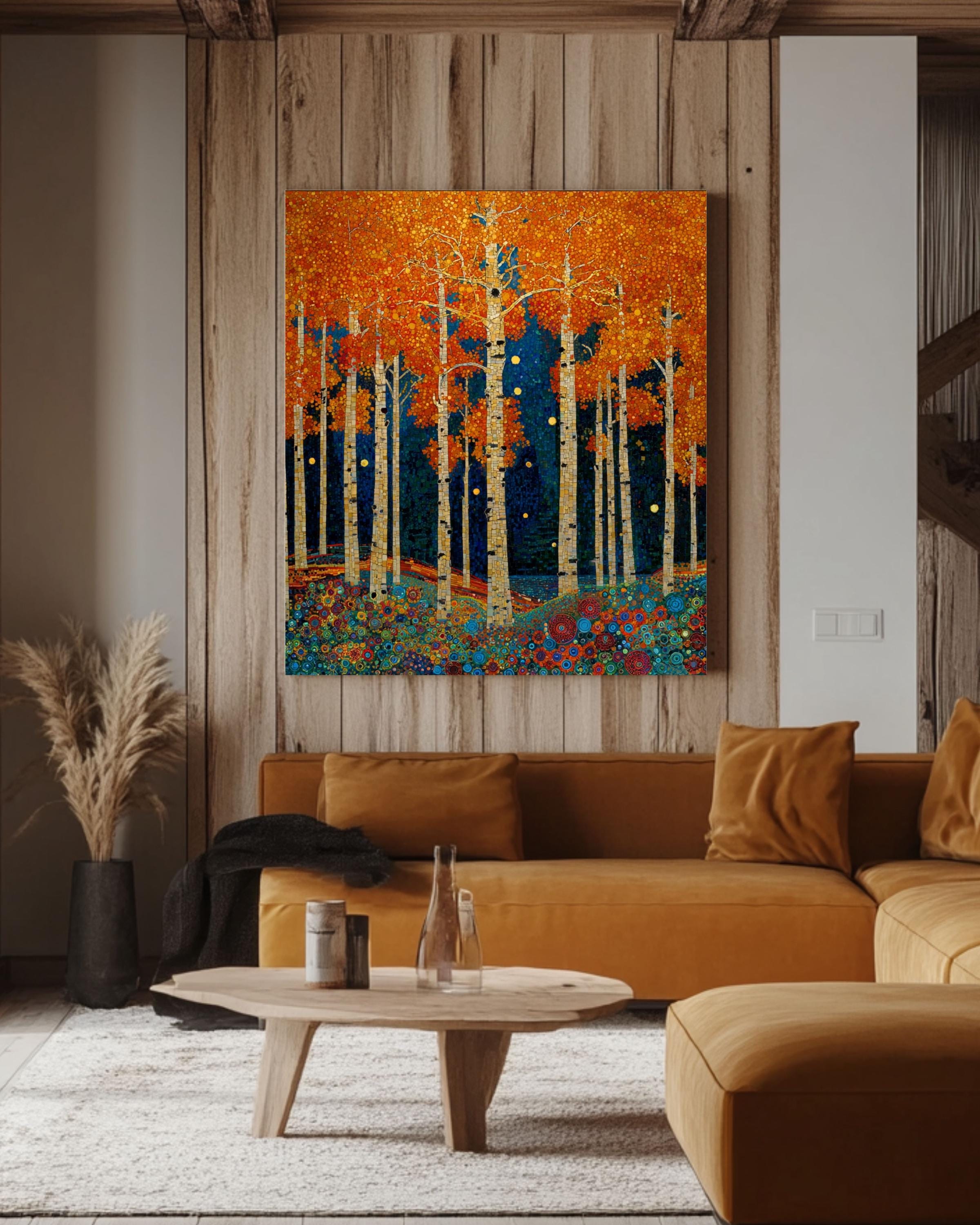 Klimt Style Aspen Forest Print: Mosaic Autumn Trees Canvas Wall Art – Modern Decor Print