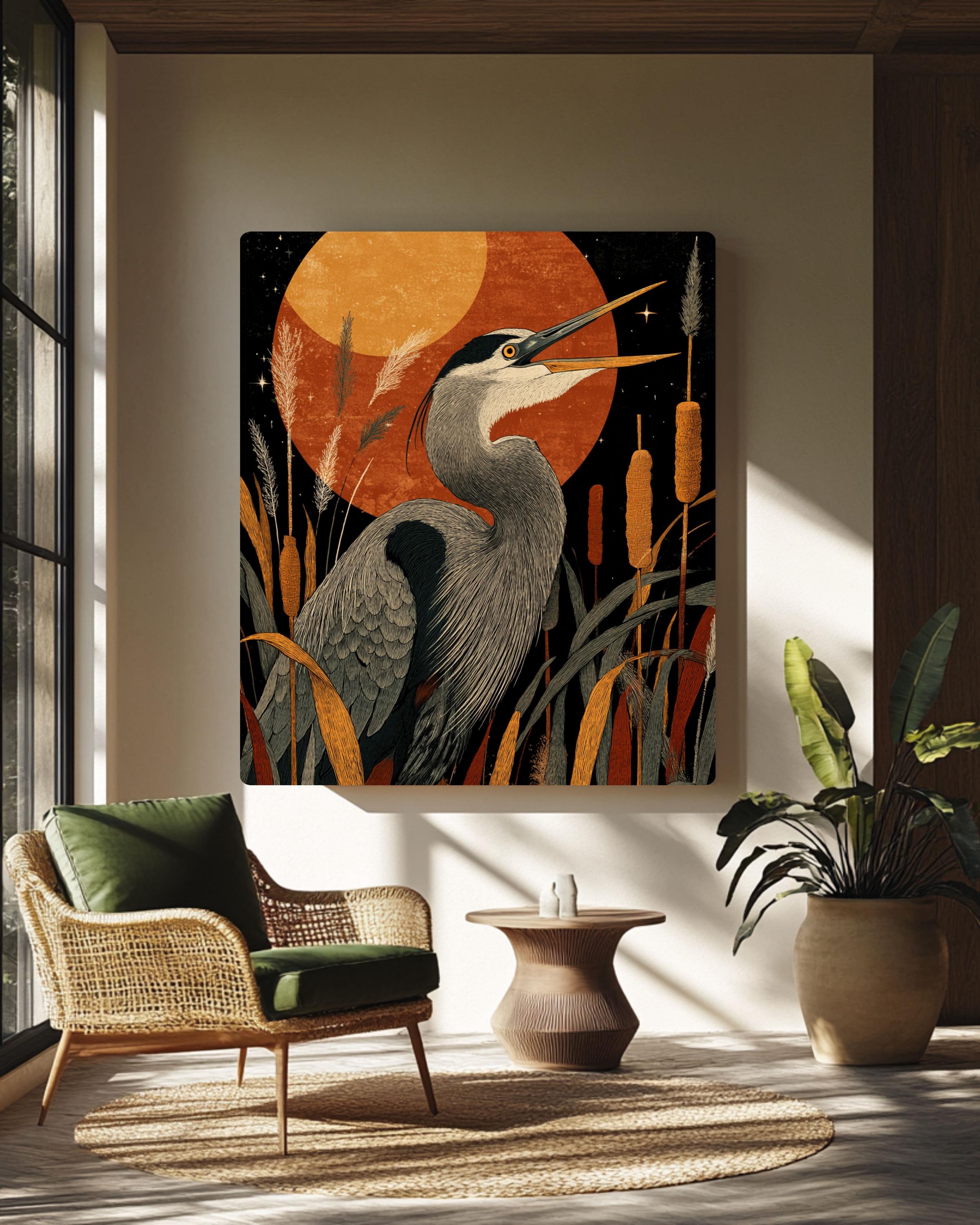 Cottagecore Heron Art Print â€“ Stylized Bird, Cattails, Starry Sky Canvas Wall Art – Modern Decor Print