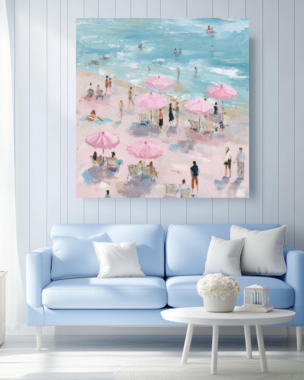 Pastel Beach Art Print: Pink Umbrellas, Maira Kalman Style Canvas Wall Art – Modern Decor Print