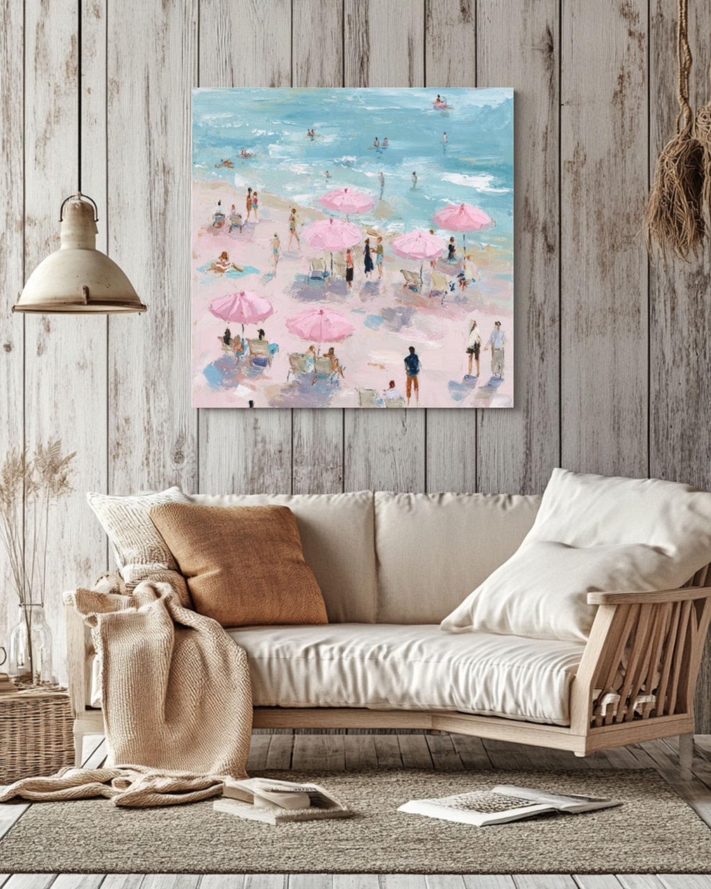 Pastel Beach Art Print: Pink Umbrellas, Maira Kalman Style Canvas Wall Art – Modern Decor Print