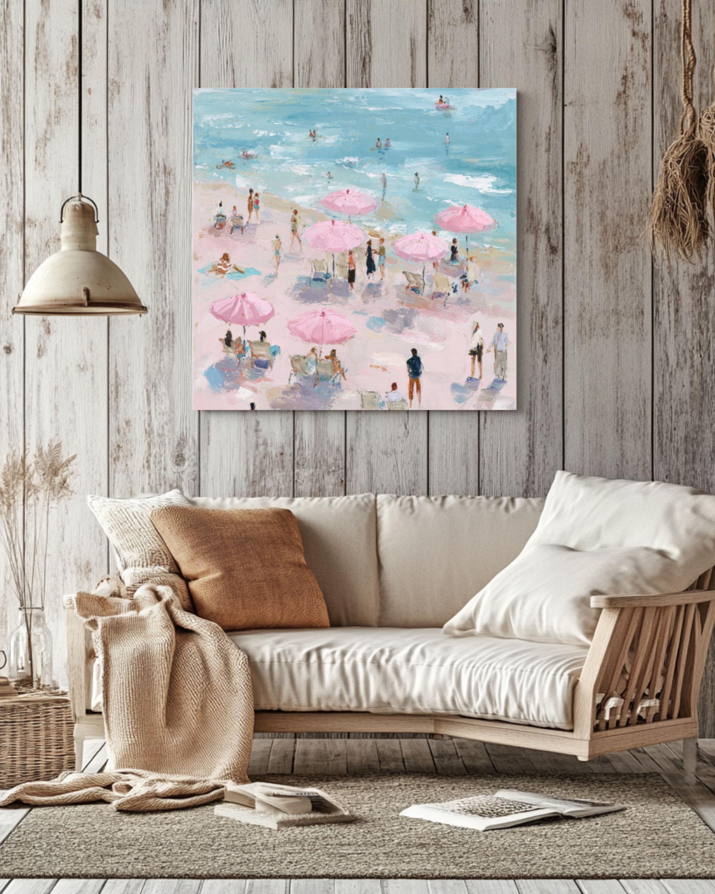 Pastel Beach Art Print: Pink Umbrellas, Maira Kalman Style Canvas Wall Art – Modern Decor Print